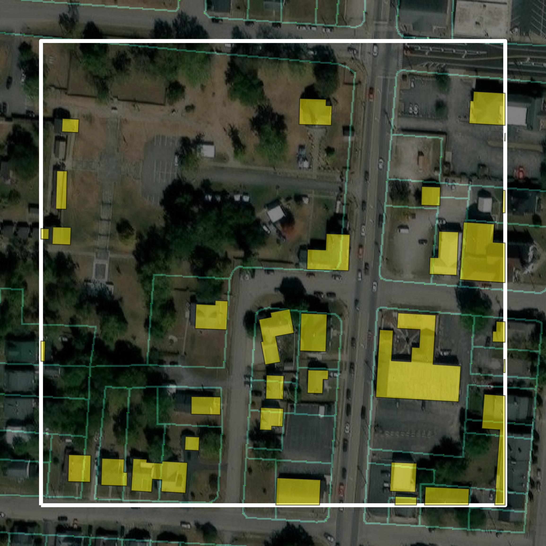 This image shows parcel and building data in Mercer County created using GIS data in Equator.