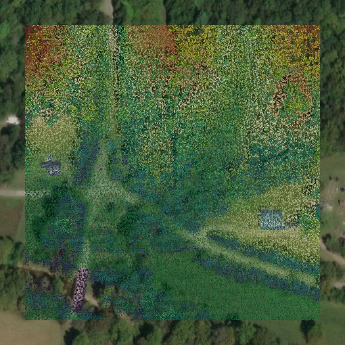 This image shows a LiDAR point cloud in Owen County created using GIS data in Equator.