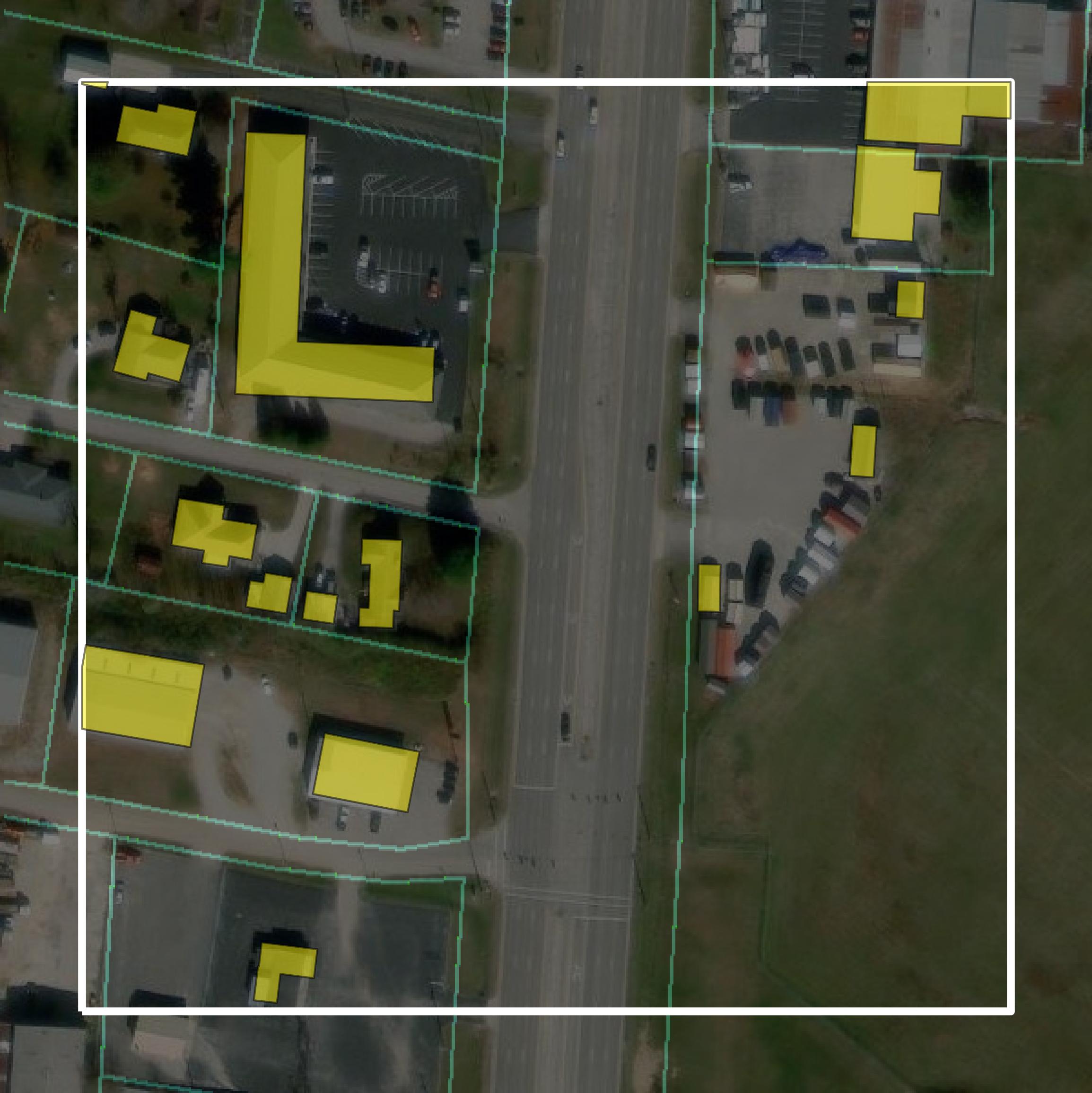 This image shows parcel and building data in Pulaski County created using GIS data in Equator.