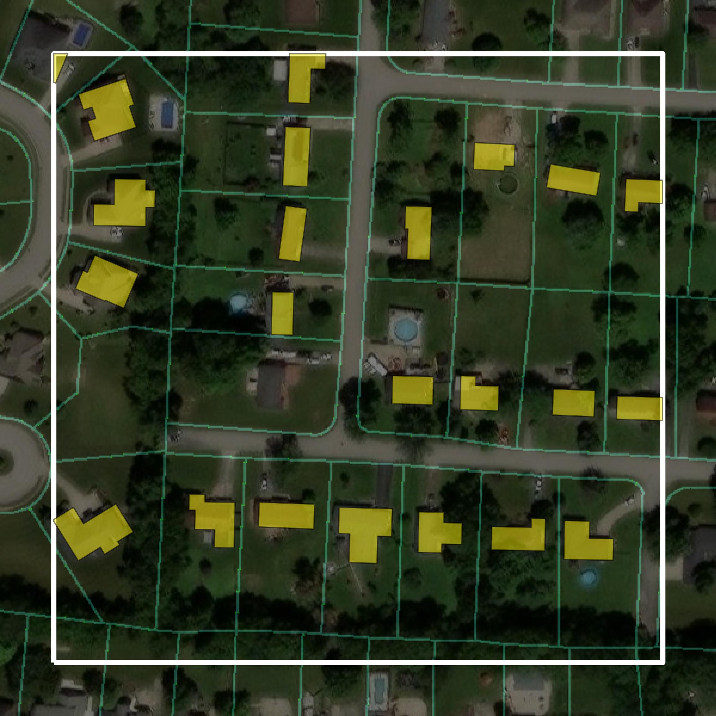 This image shows parcel and building data in Shelby County created using GIS data in Equator.