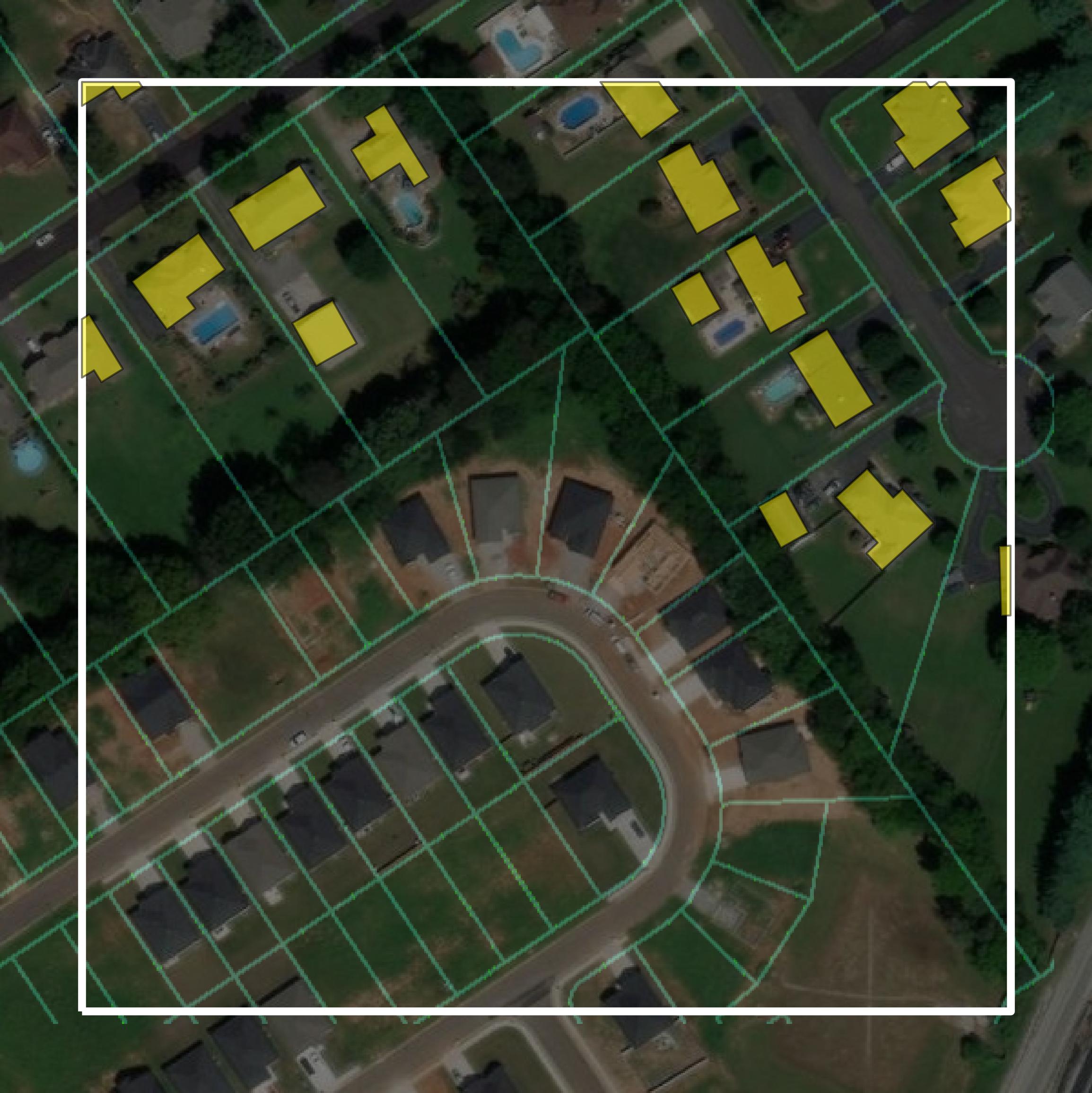This image shows parcel and building data in Warren County created using GIS data in Equator.