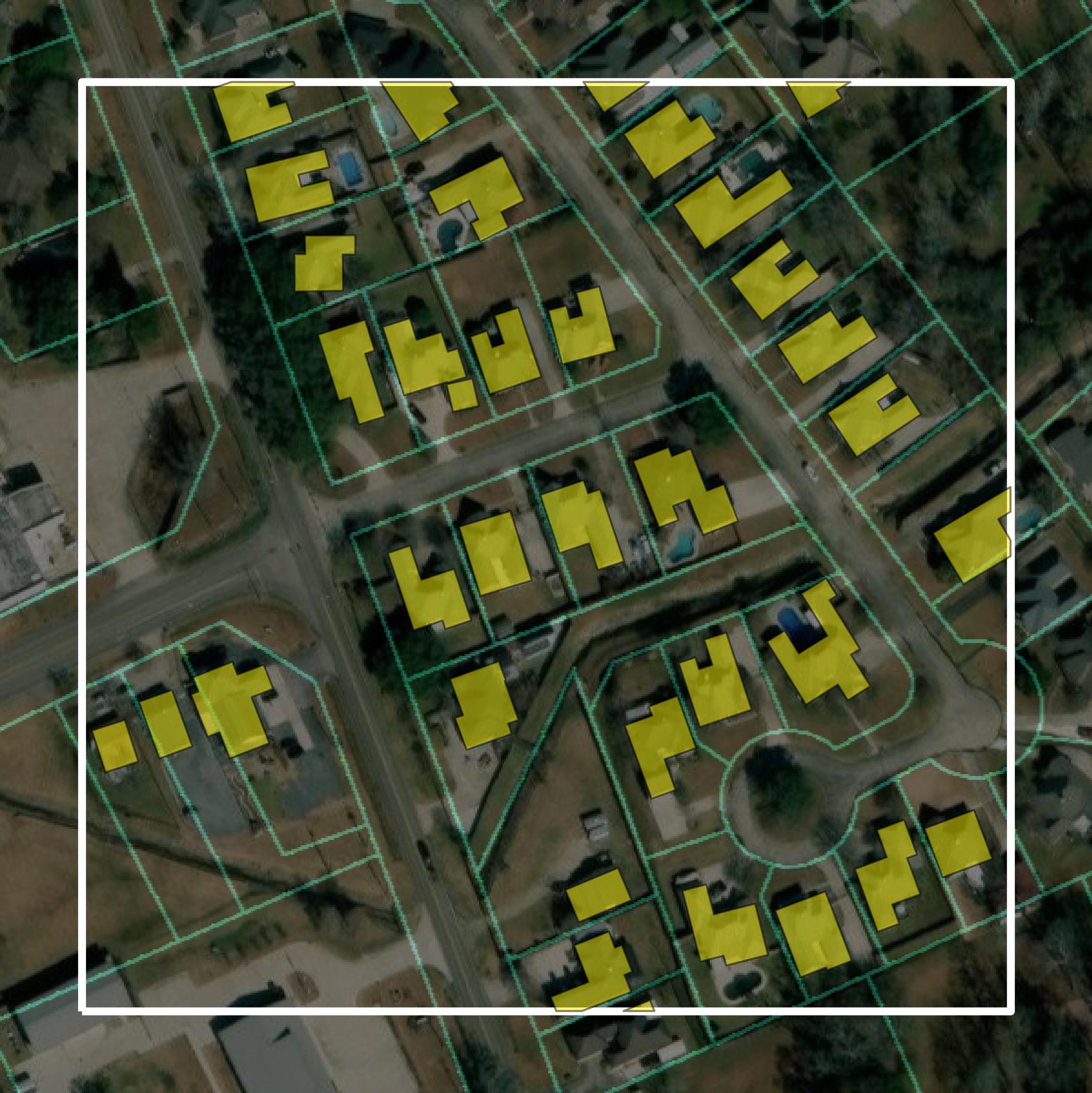 This image shows parcel and building data in Ascension Parish created using GIS data in Equator.