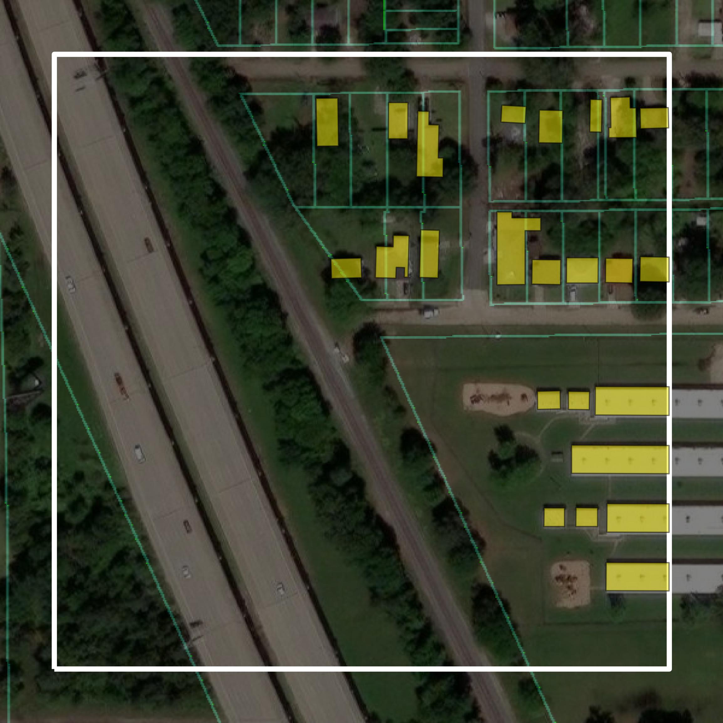 This image shows parcel and building data in Caddo Parish created using GIS data in Equator.
