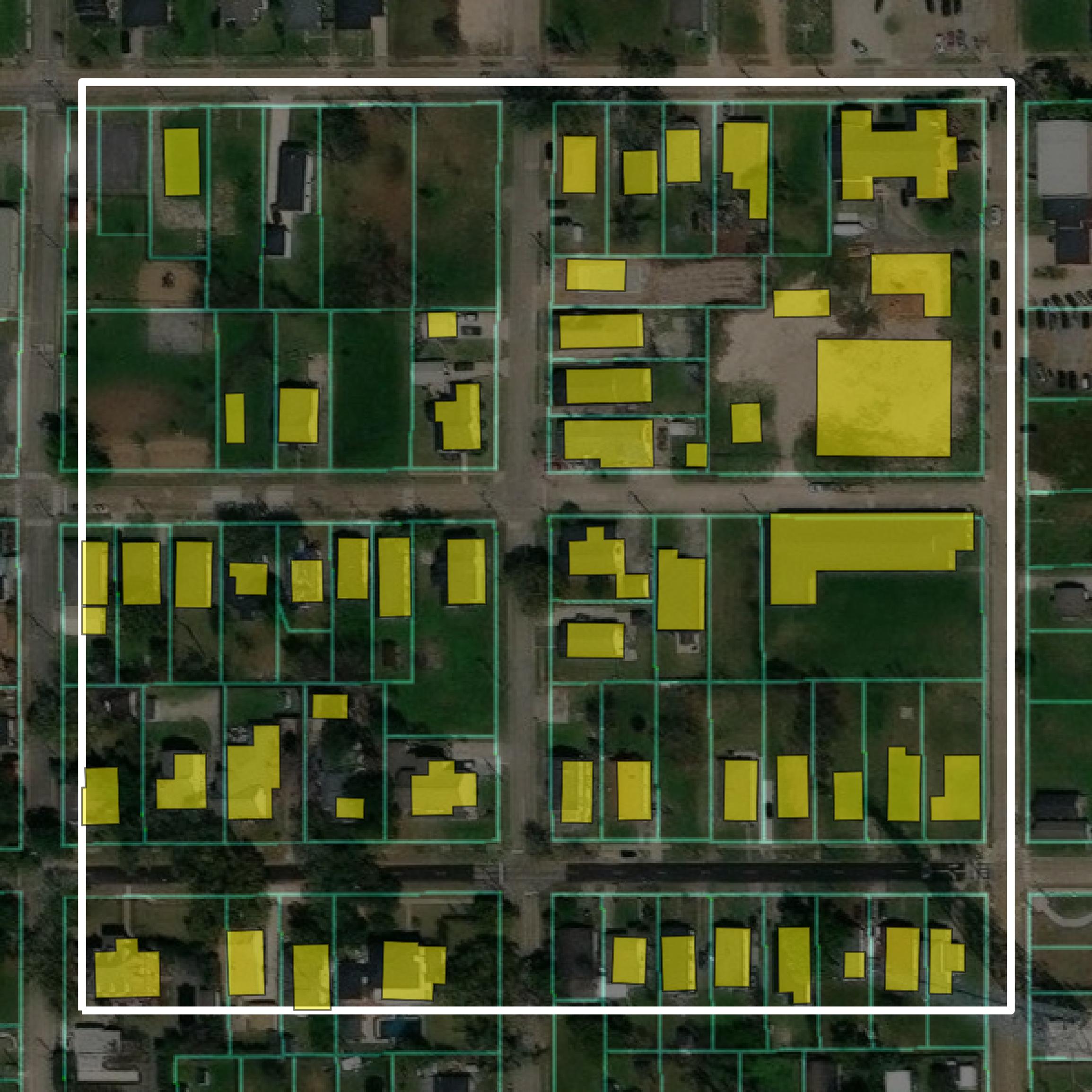 This image shows parcel and building data in Calcasieu Parish created using GIS data in Equator.