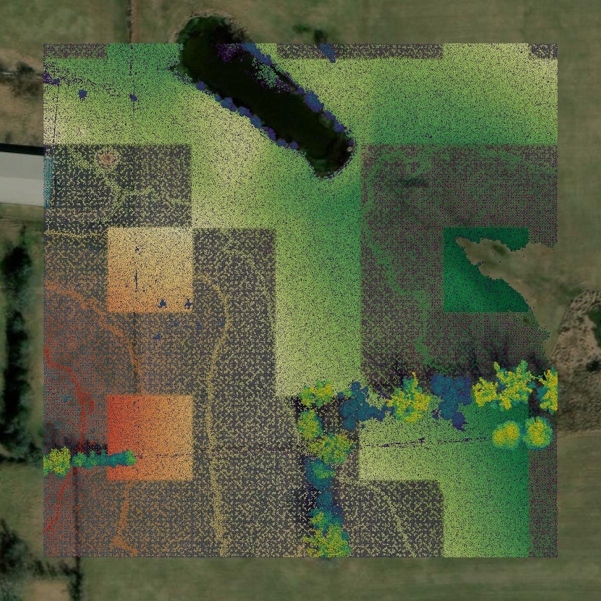 This image shows a LiDAR point cloud in De Soto Parish created using GIS data in Equator.