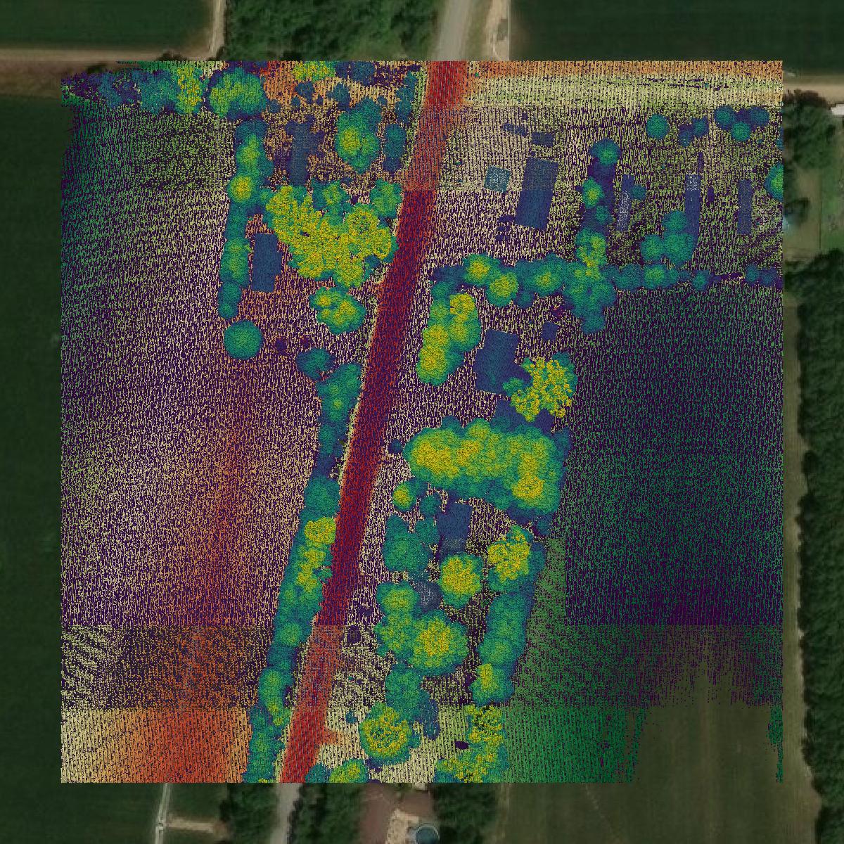 This image shows a LiDAR point cloud in Franklin Parish created using GIS data in Equator.