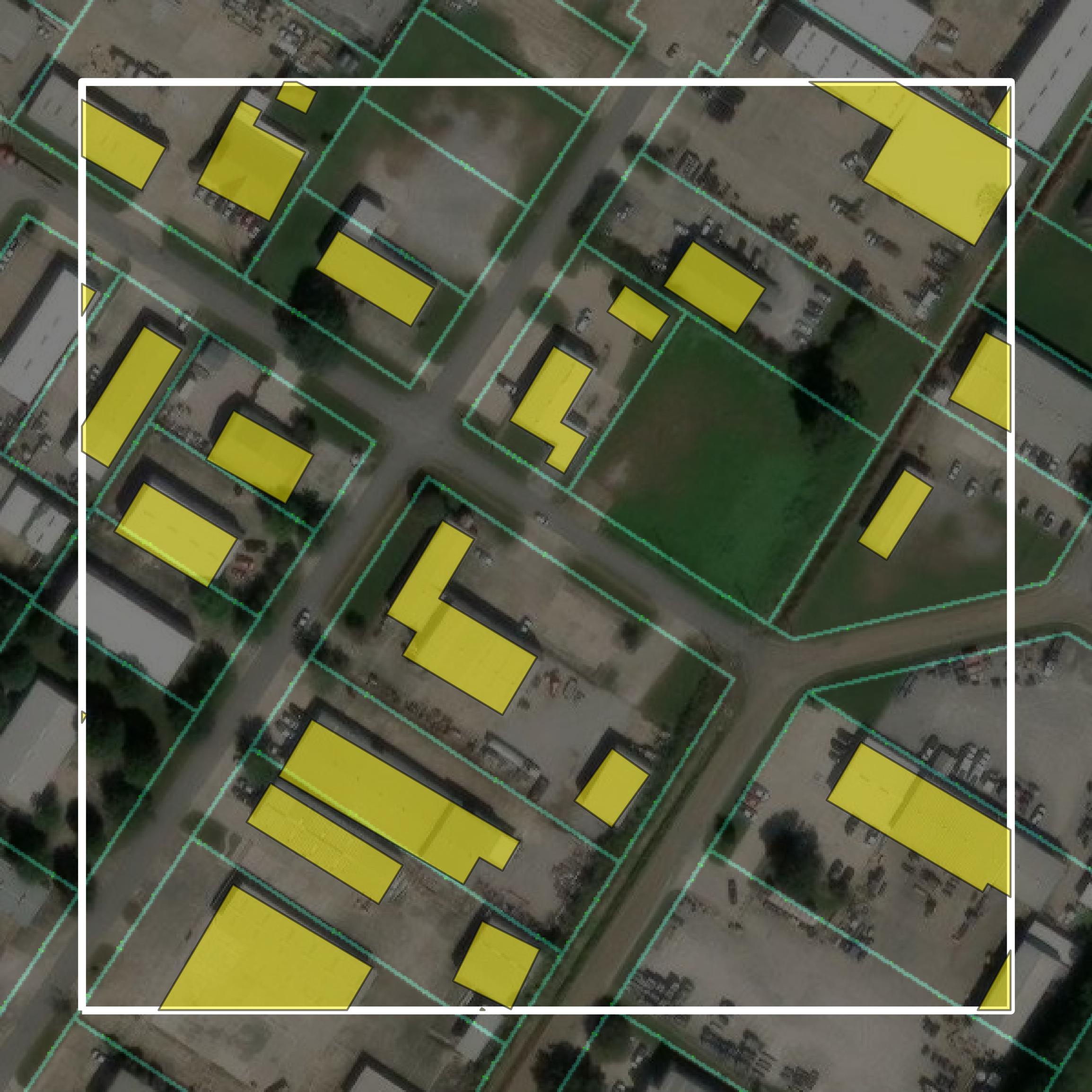 This image shows parcel and building data in Lafayette Parish created using GIS data in Equator.