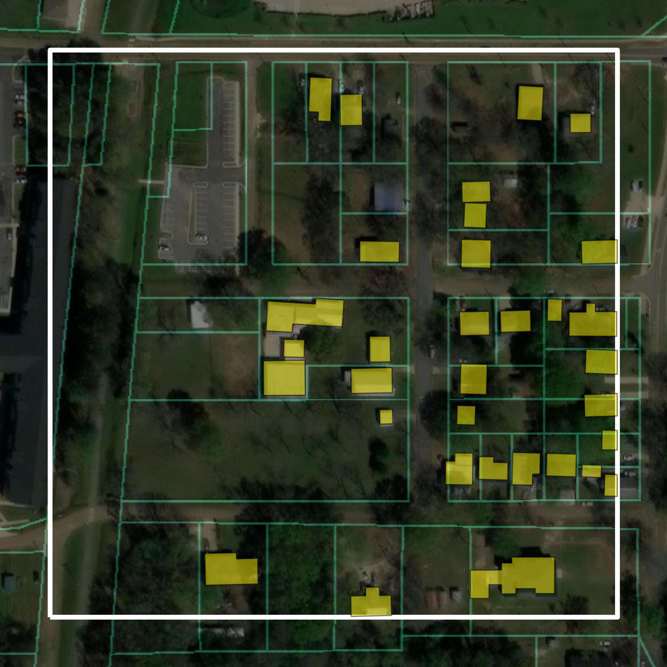 This image shows parcel and building data in Lincoln Parish created using GIS data in Equator.