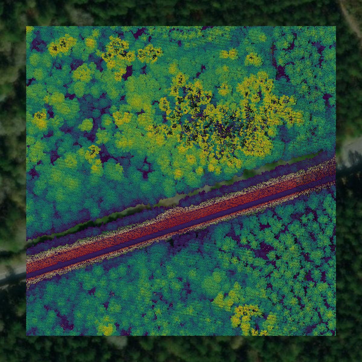 This image shows a LiDAR point cloud in Livingston Parish created using GIS data in Equator.