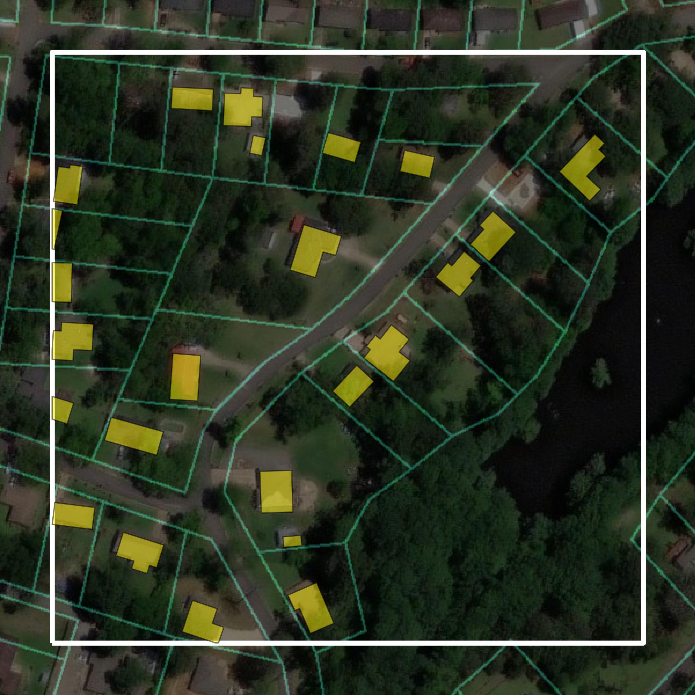 This image shows parcel and building data in Natchitoches Parish created using GIS data in Equator.