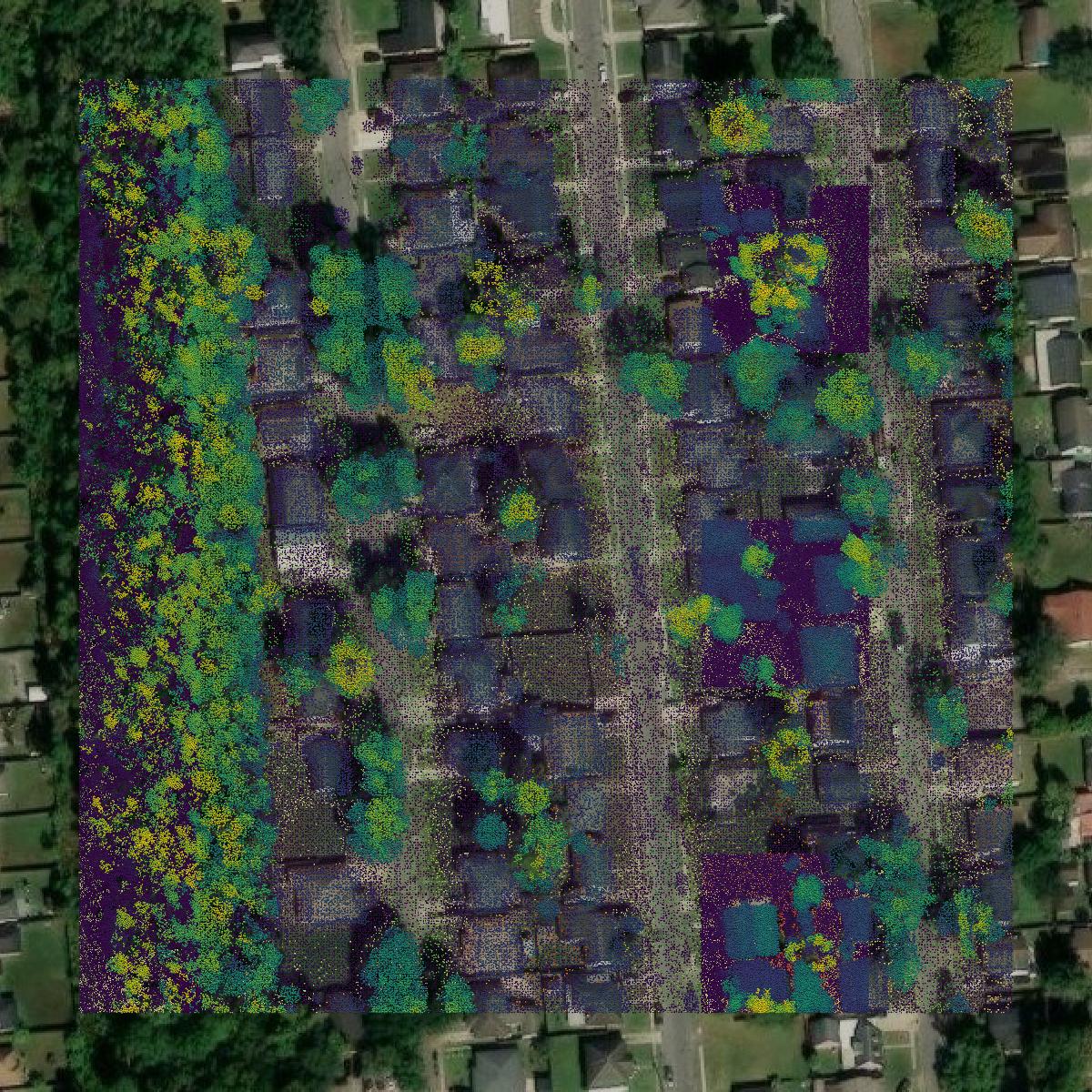This image shows a LiDAR point cloud in Orleans Parish created using GIS data in Equator.