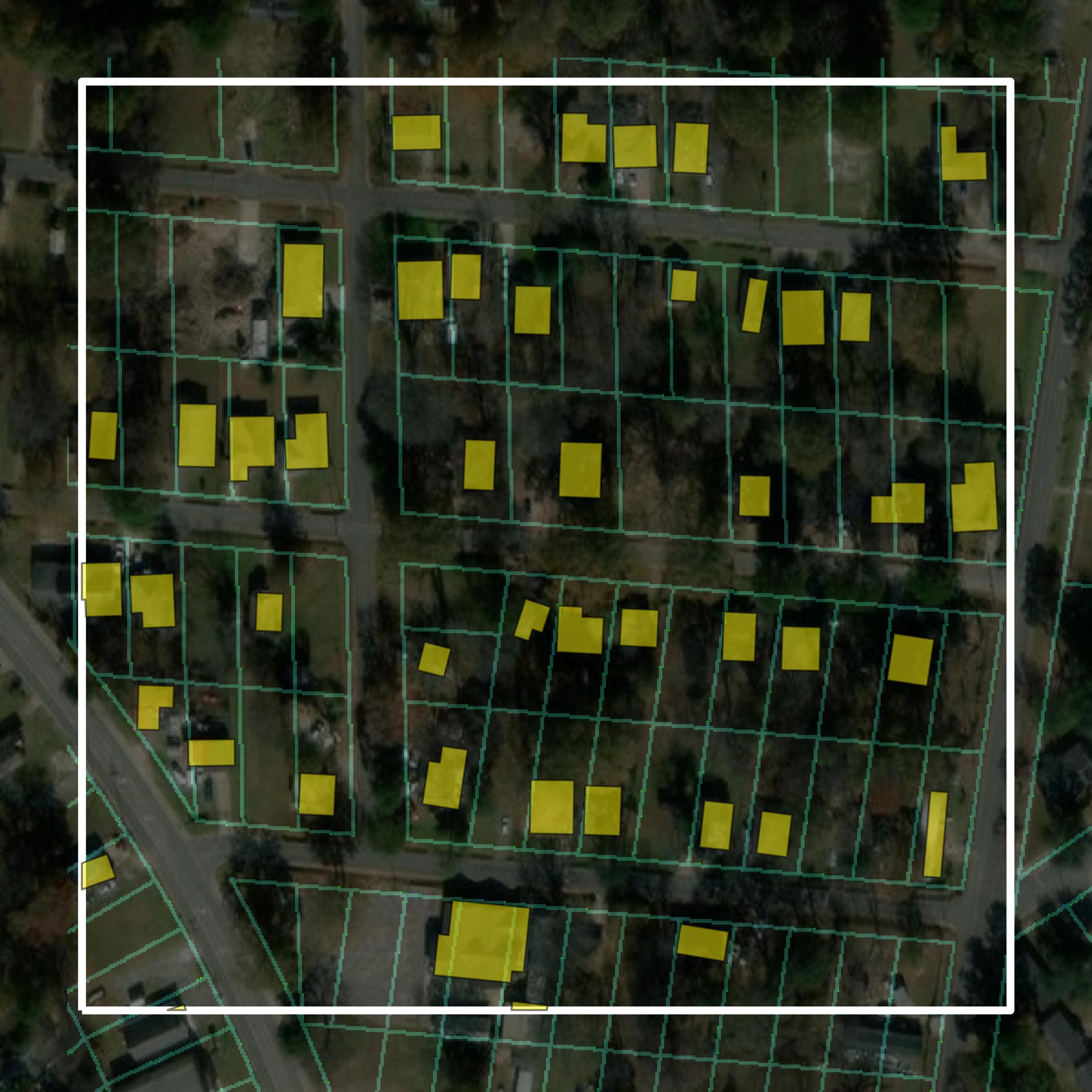 This image shows parcel and building data in Ouachita Parish created using GIS data in Equator.