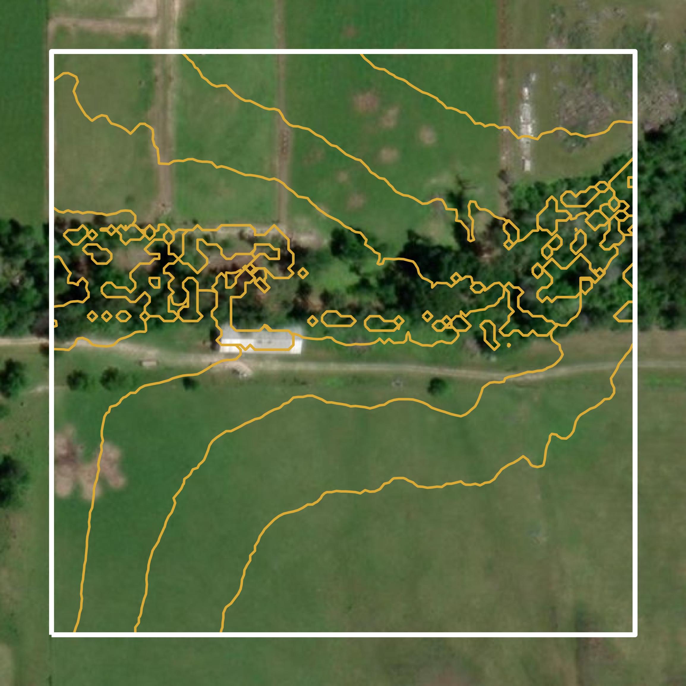 This image shows a contour map in Vernon Parish created using GIS data in Equator.