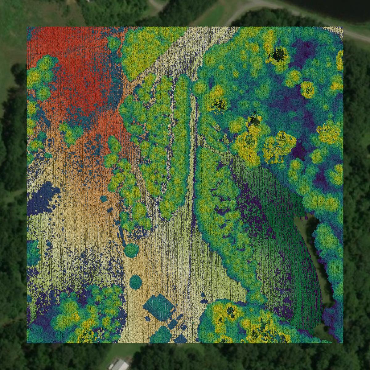 This image shows a LiDAR point cloud in West Feliciana Parish created using GIS data in Equator.