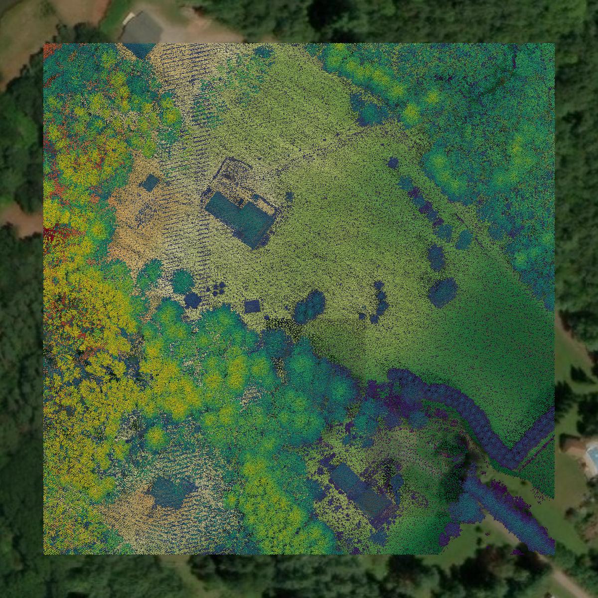 This image shows a LiDAR point cloud in Cumberland County created using GIS data in Equator.