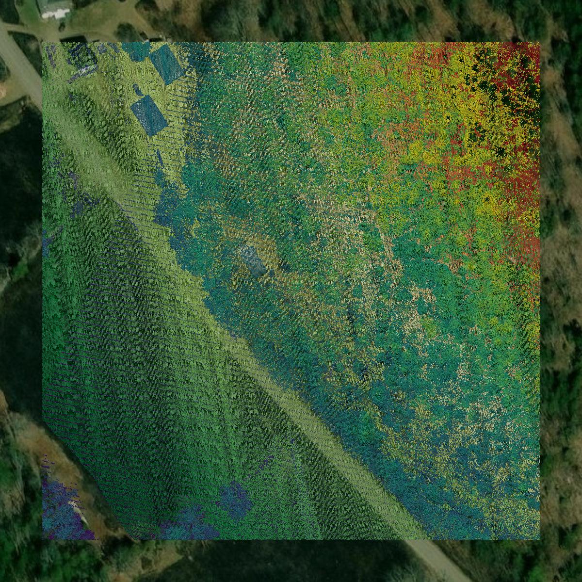 This image shows a LiDAR point cloud in Waldo County created using GIS data in Equator.
