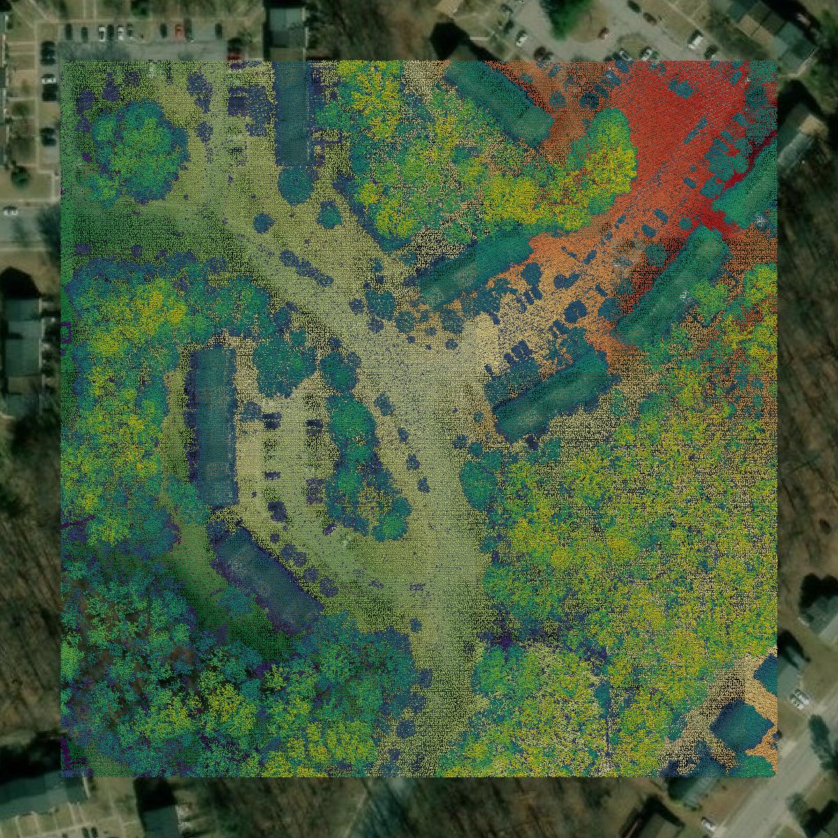 This image shows a LiDAR point cloud in Baltimore County created using GIS data in Equator.