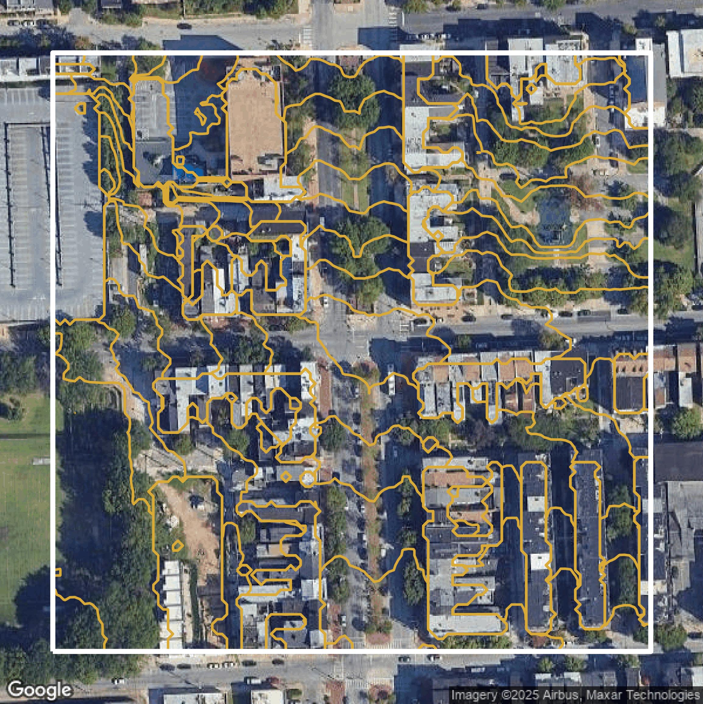 This image shows a contour map in Baltimore city created using GIS data in Equator.