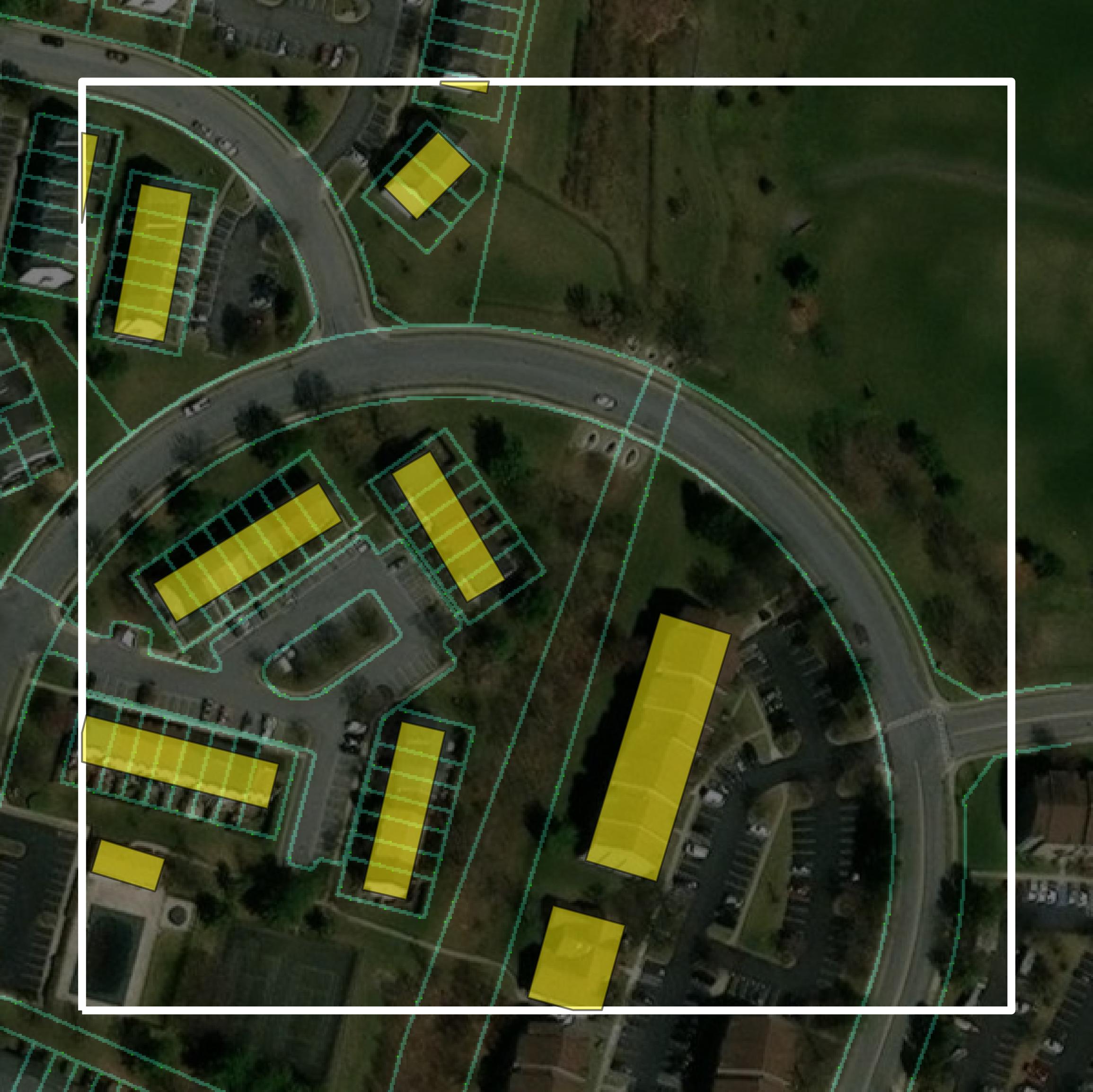 This image shows parcel and building data in Frederick County created using GIS data in Equator.