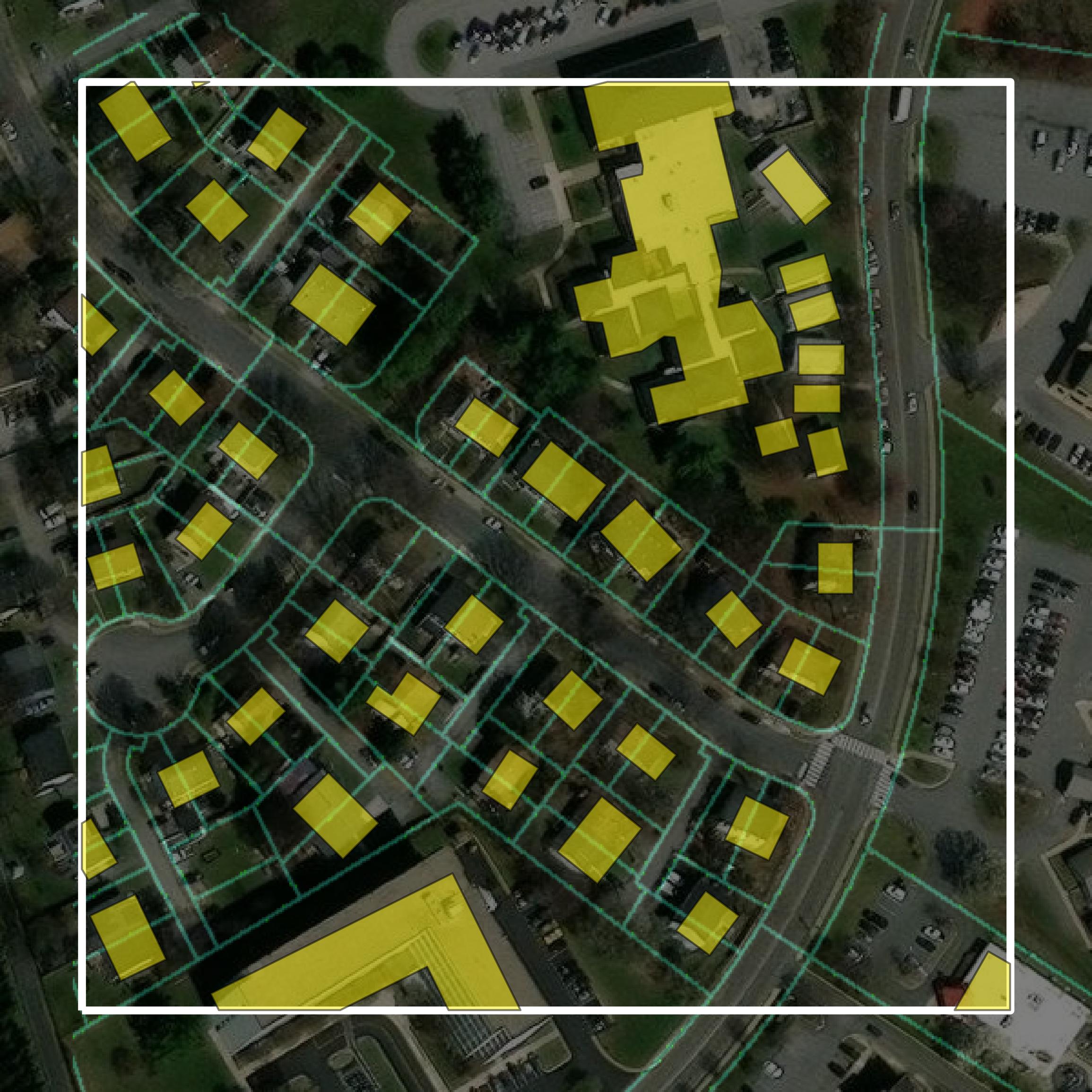 This image shows parcel and building data in Frederick County created using GIS data in Equator.