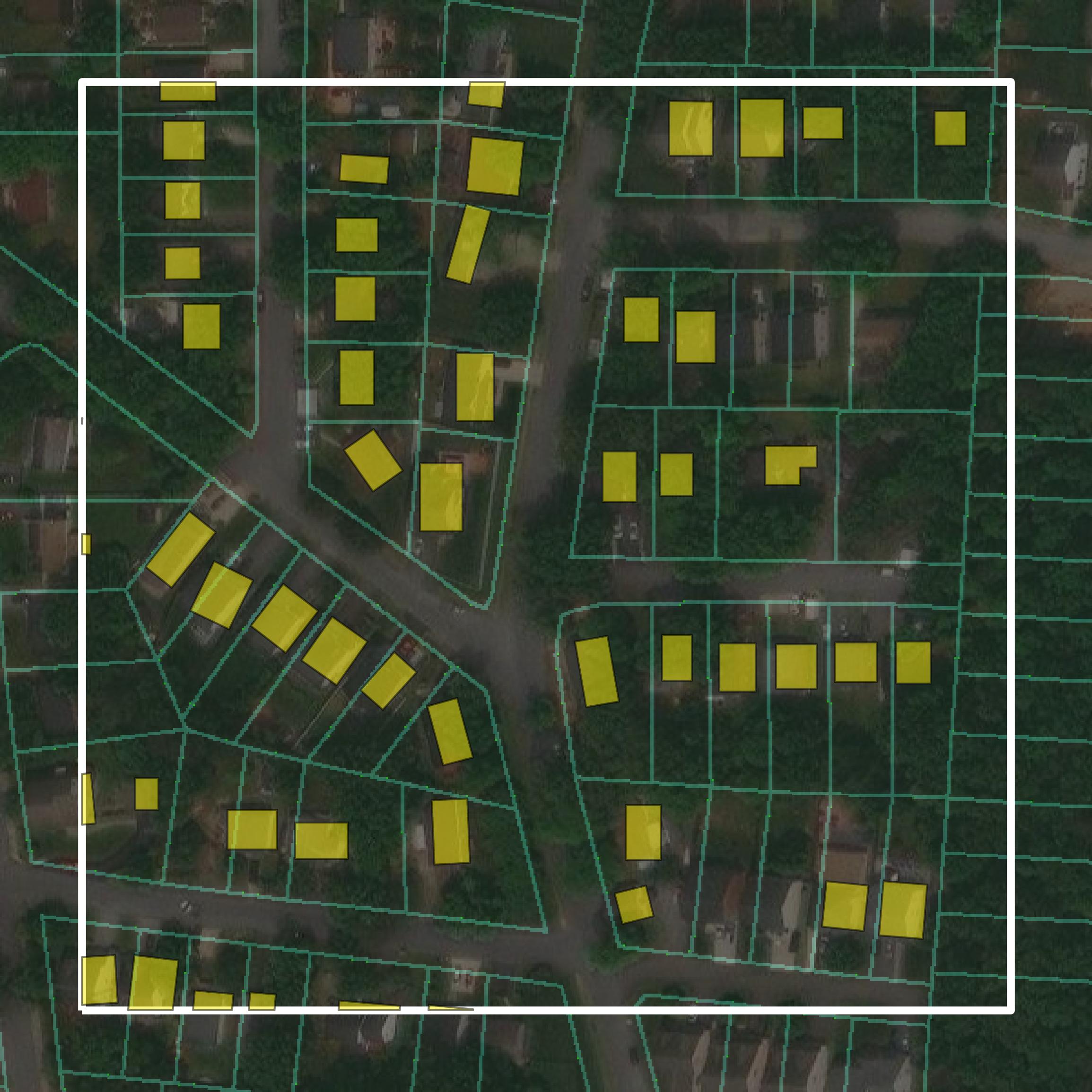 This image shows parcel and building data in Howard County created using GIS data in Equator.