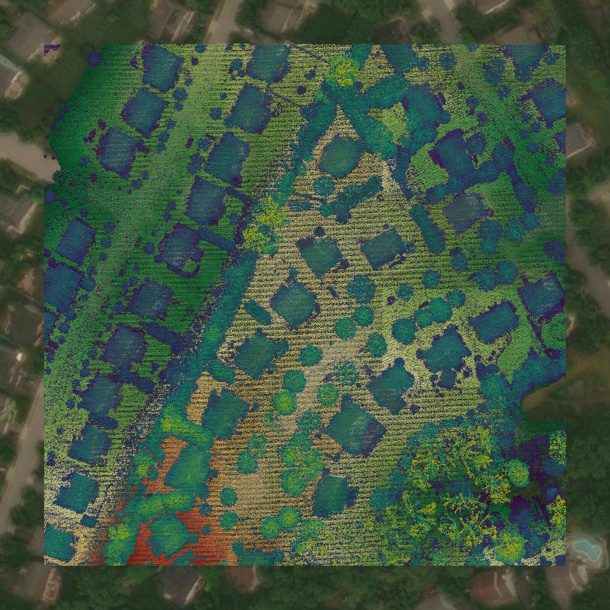 This image shows a LiDAR point cloud in Howard County created using GIS data in Equator.