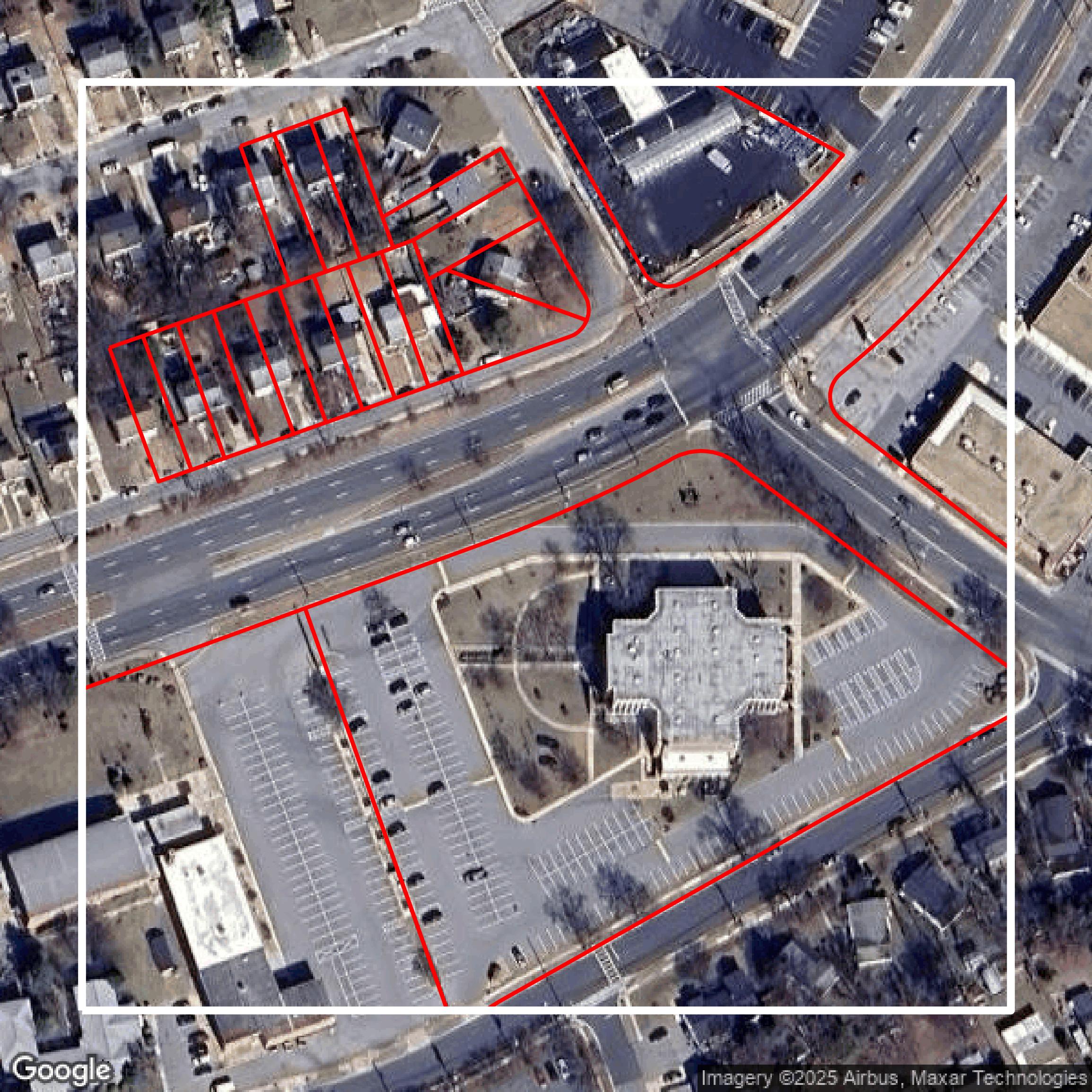 This image shows parcel and building data in Prince George's County created using GIS data in Equator.