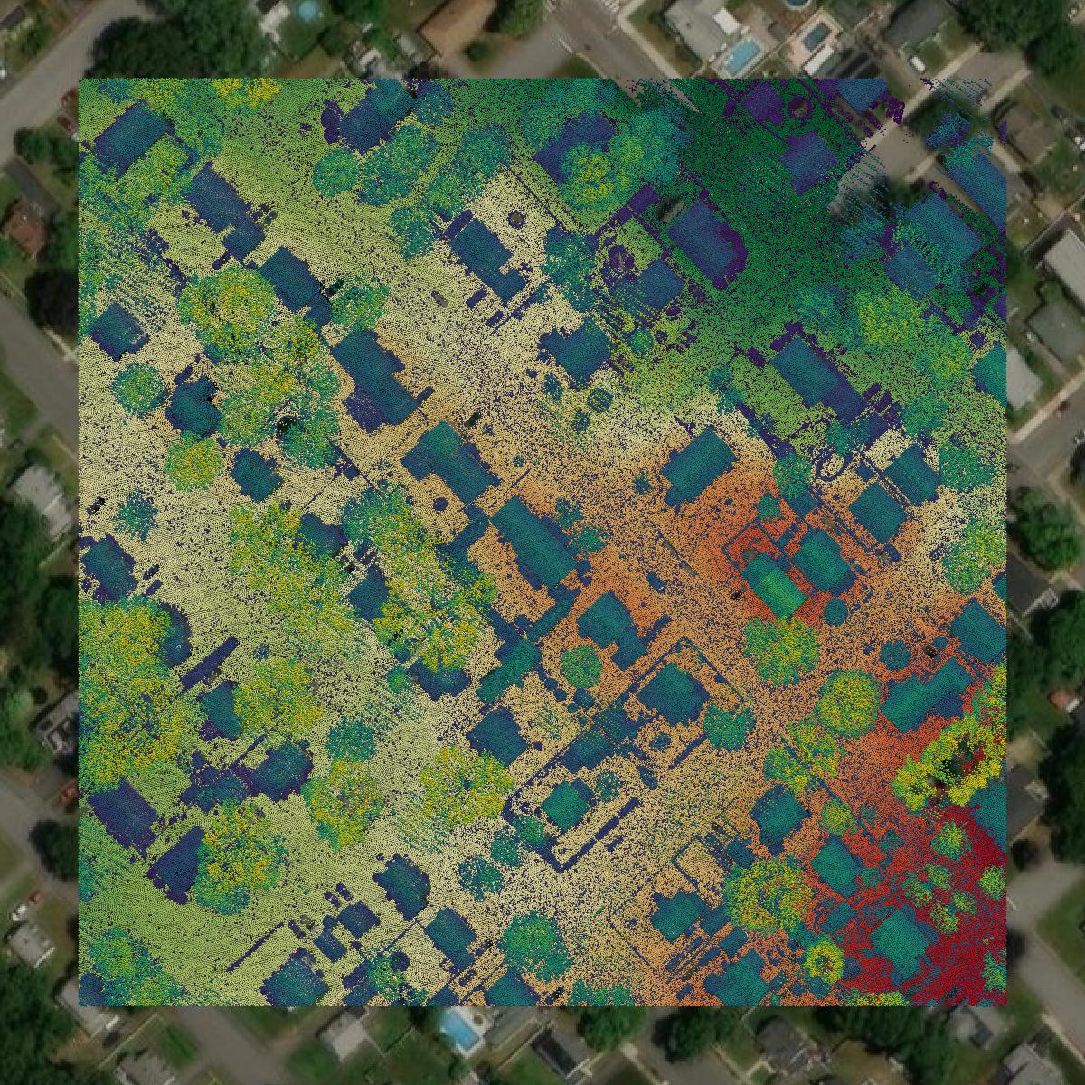 This image shows a LiDAR point cloud in Essex County created using GIS data in Equator.