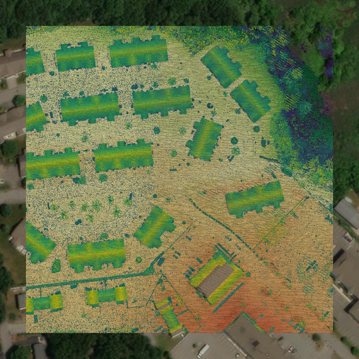 This image shows a LiDAR point cloud in Essex County created using GIS data in Equator.