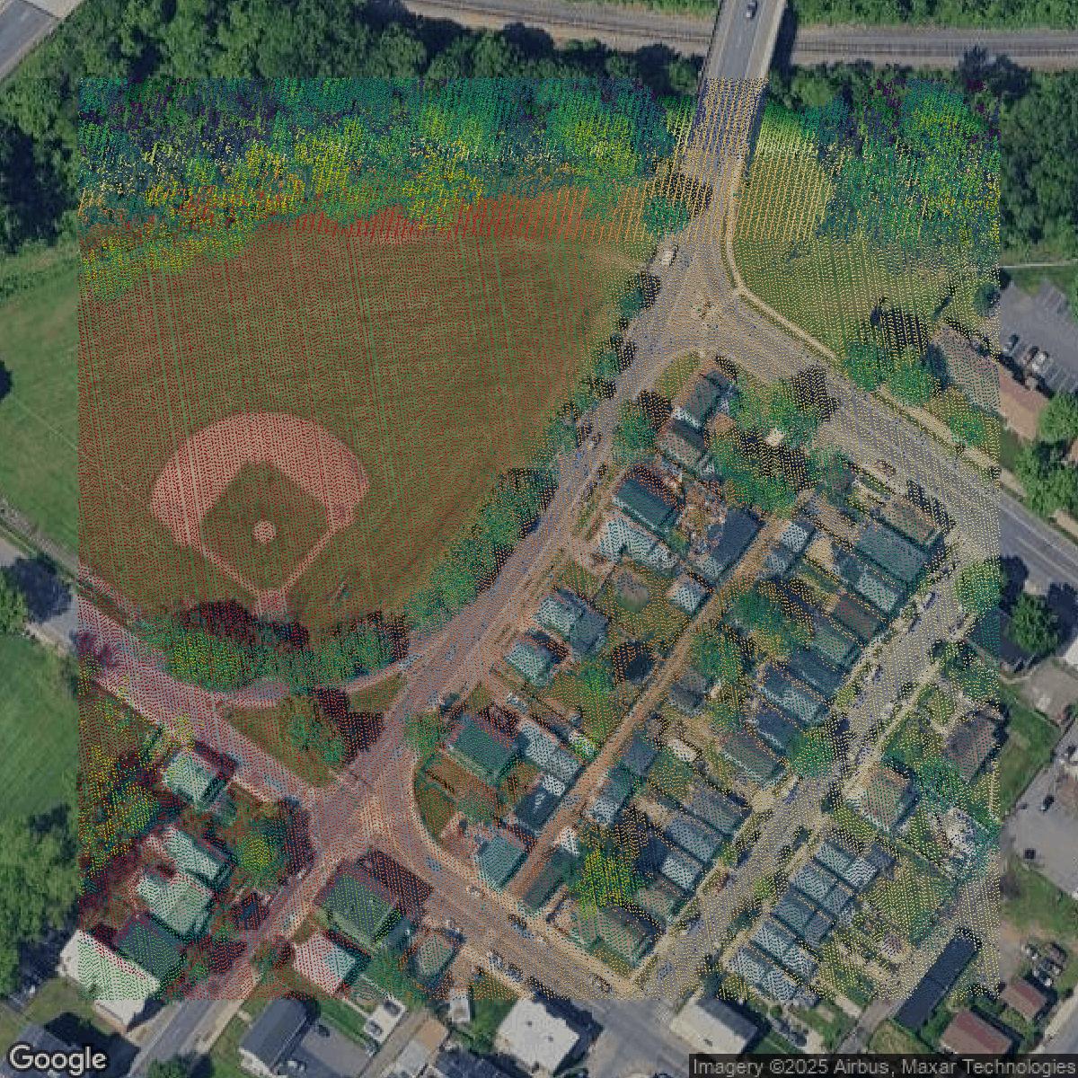This image shows a LiDAR point cloud in Hampden County created using GIS data in Equator.