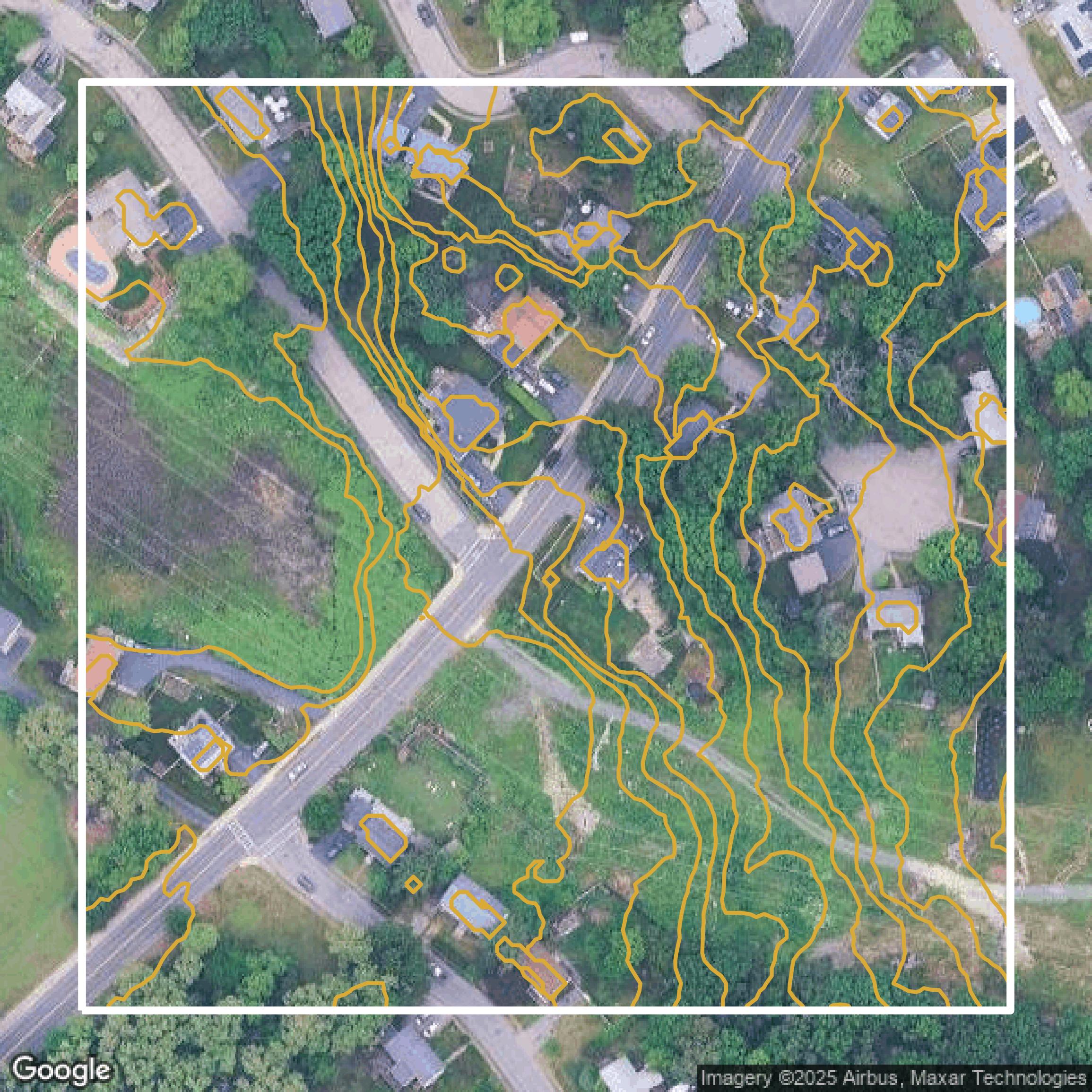 This image shows a contour map in Middlesex County created using GIS data in Equator.