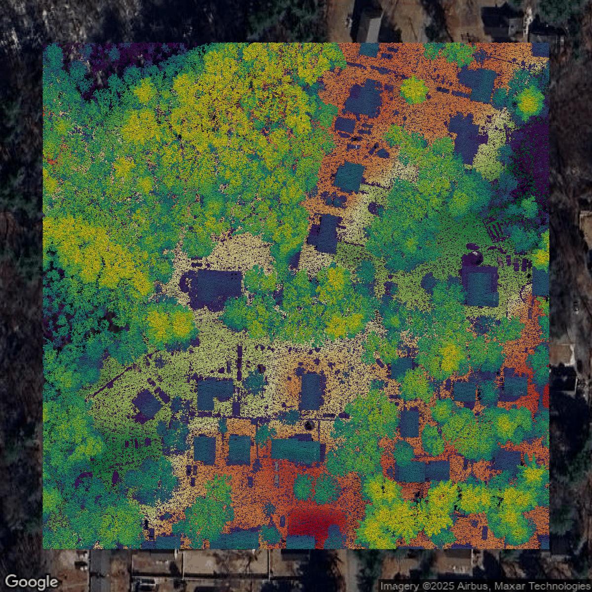 This image shows a LiDAR point cloud in Middlesex County created using GIS data in Equator.