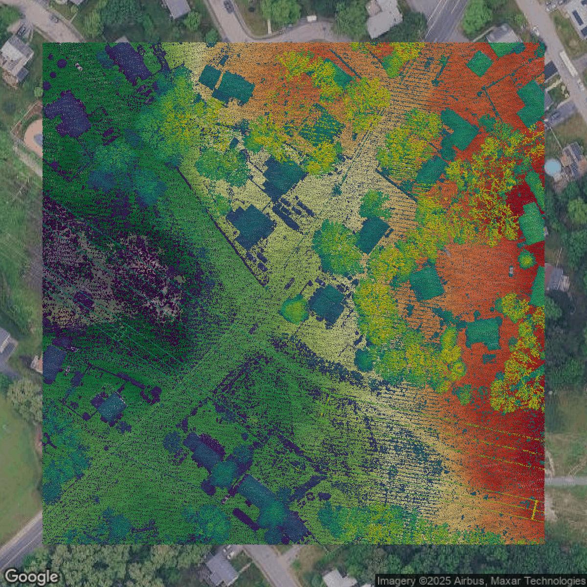 This image shows a LiDAR point cloud in Middlesex County created using GIS data in Equator.