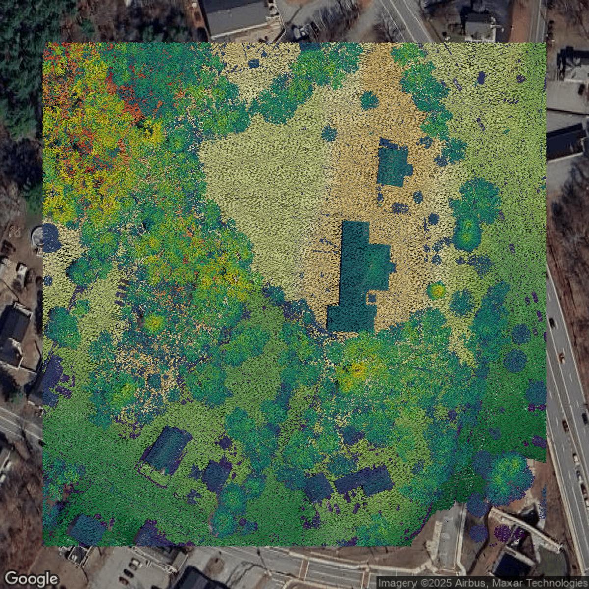 This image shows a LiDAR point cloud in Middlesex County created using GIS data in Equator.