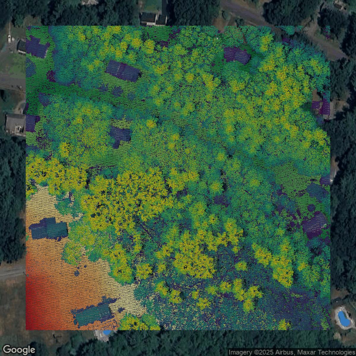 This image shows a LiDAR point cloud in Middlesex County created using GIS data in Equator.