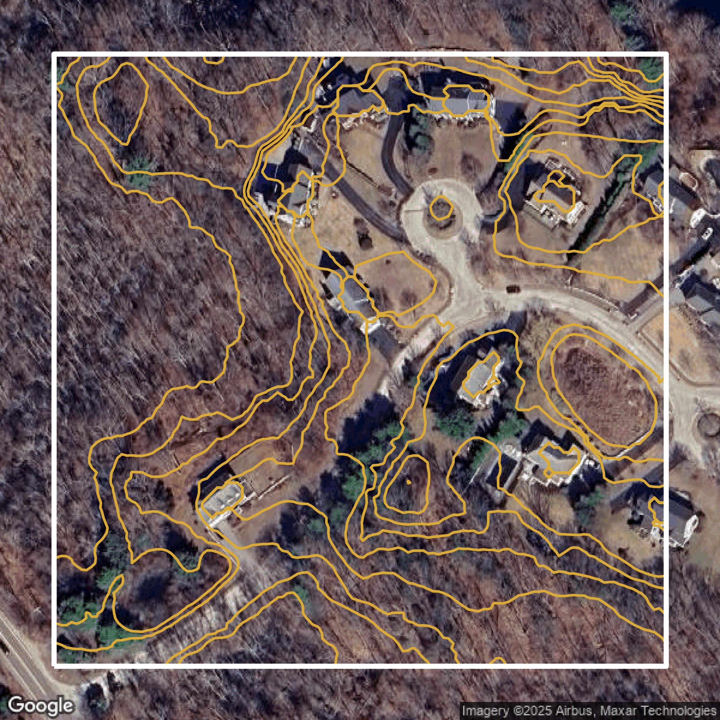 This image shows a contour map in Norfolk County created using GIS data in Equator.