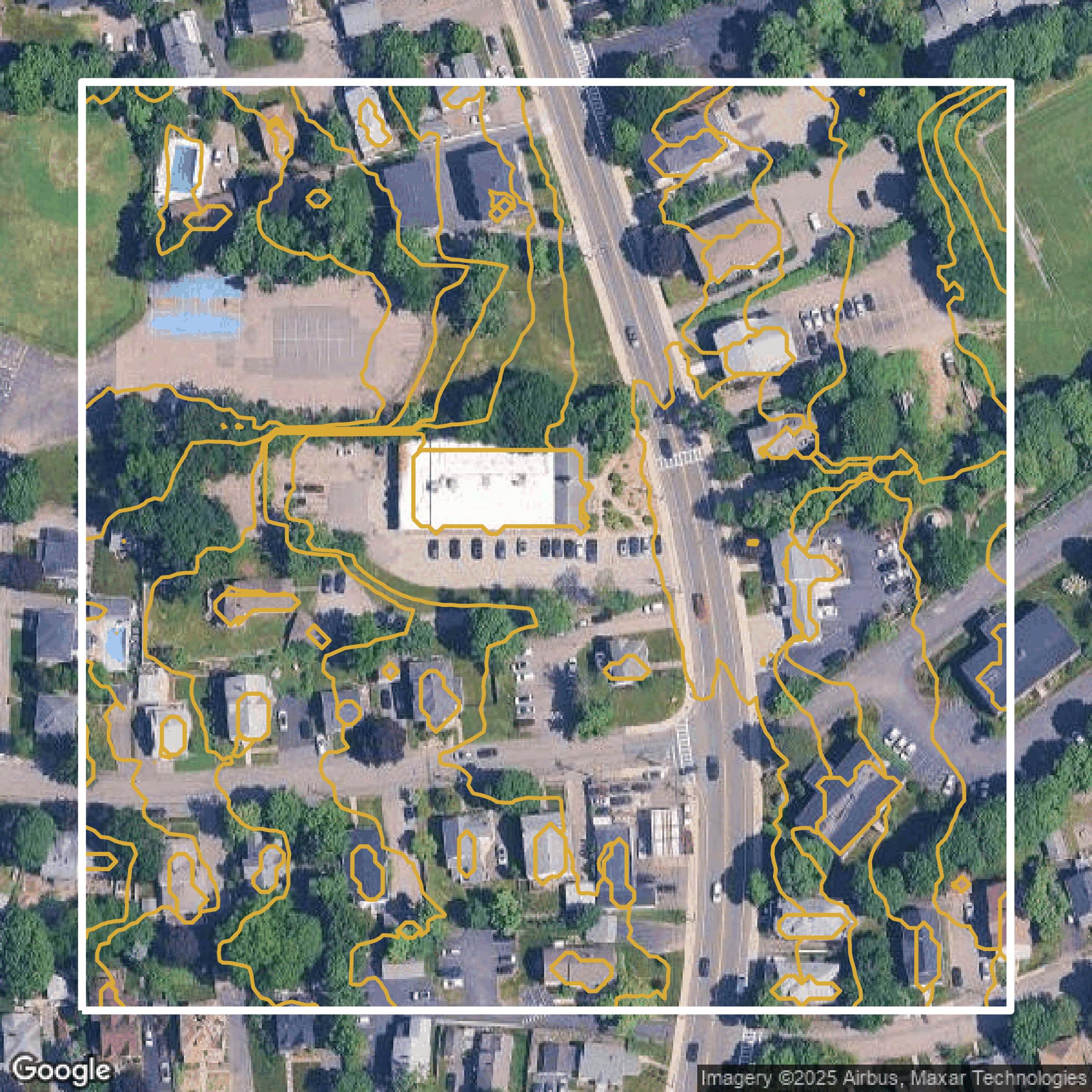 This image shows a contour map in Norfolk County created using GIS data in Equator.