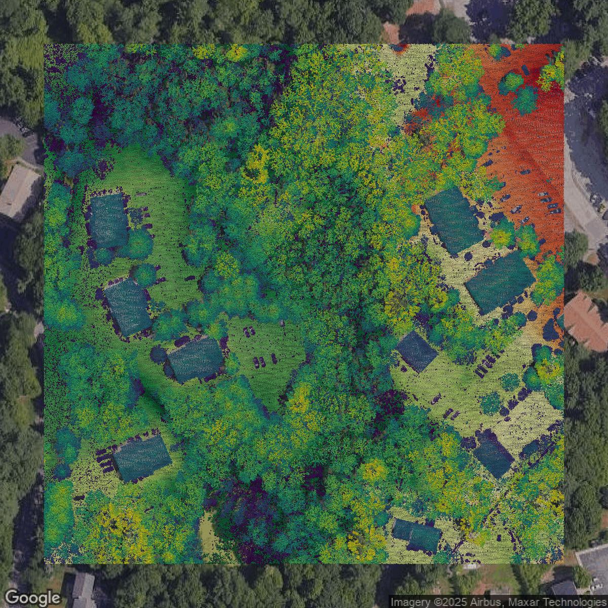 This image shows a LiDAR point cloud in Norfolk County created using GIS data in Equator.