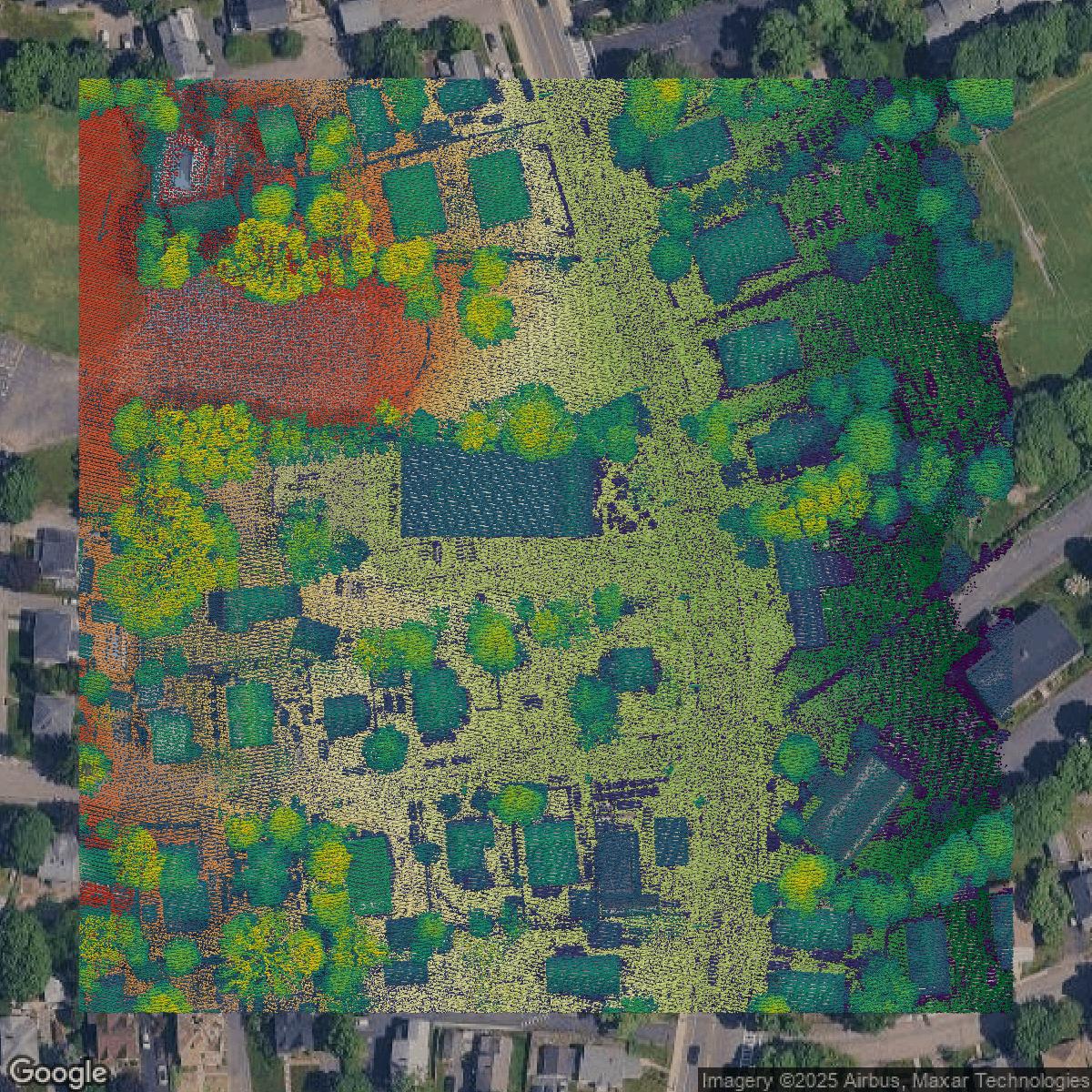 This image shows a LiDAR point cloud in Norfolk County created using GIS data in Equator.