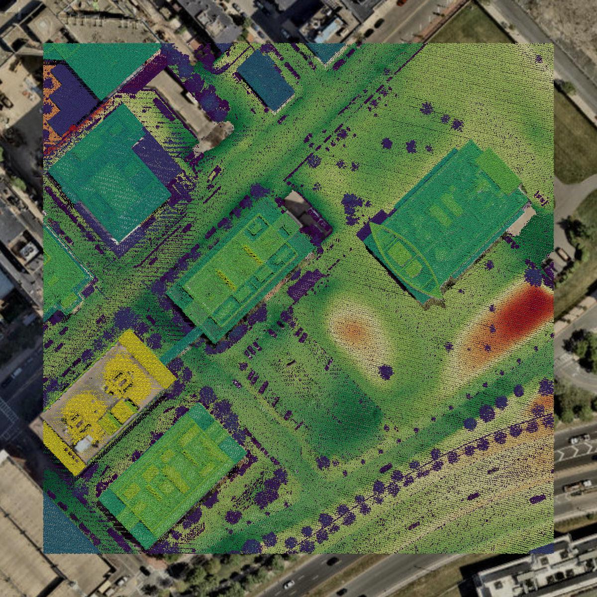 This image shows a LiDAR point cloud in Suffolk County created using GIS data in Equator.
