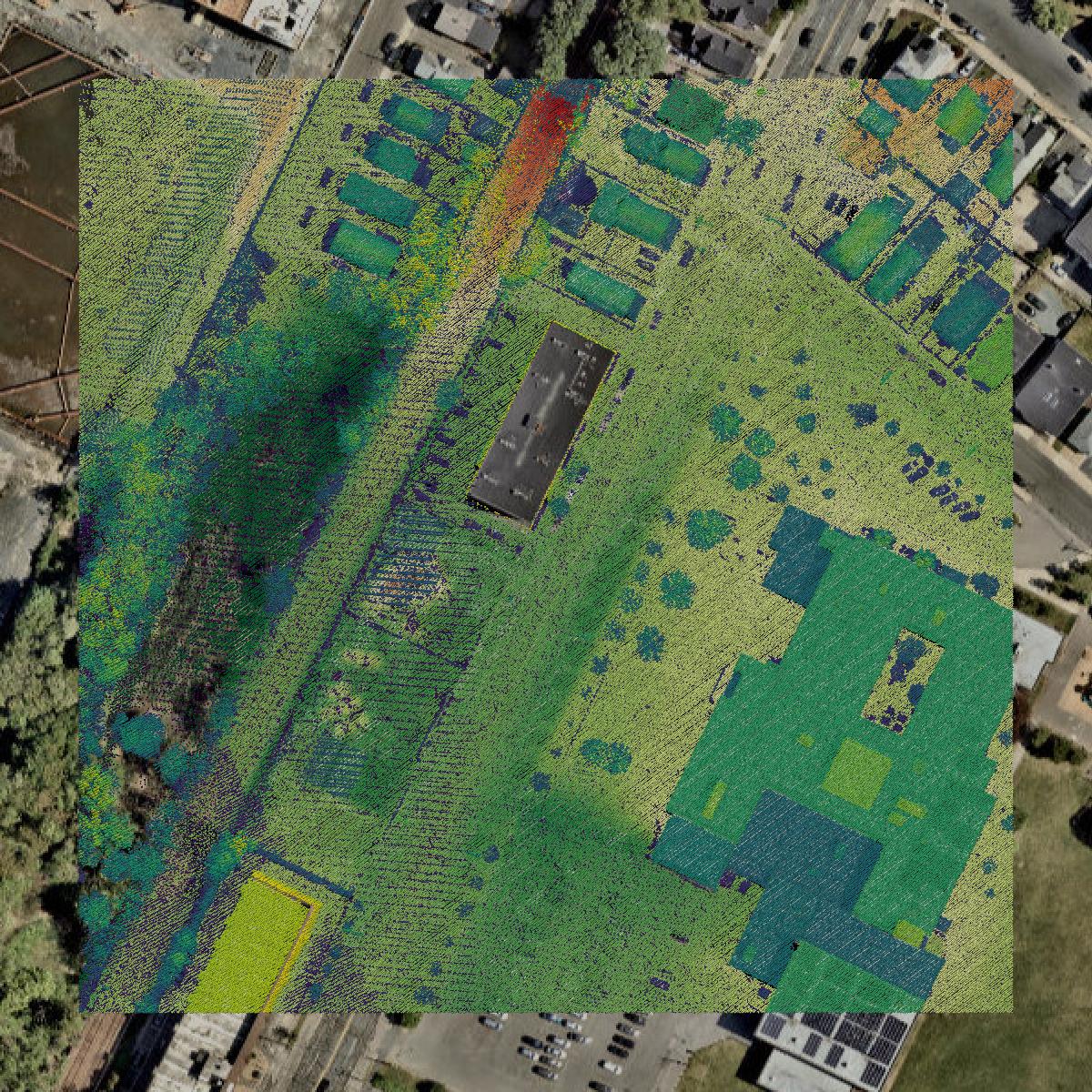 This image shows a LiDAR point cloud in Suffolk County created using GIS data in Equator.