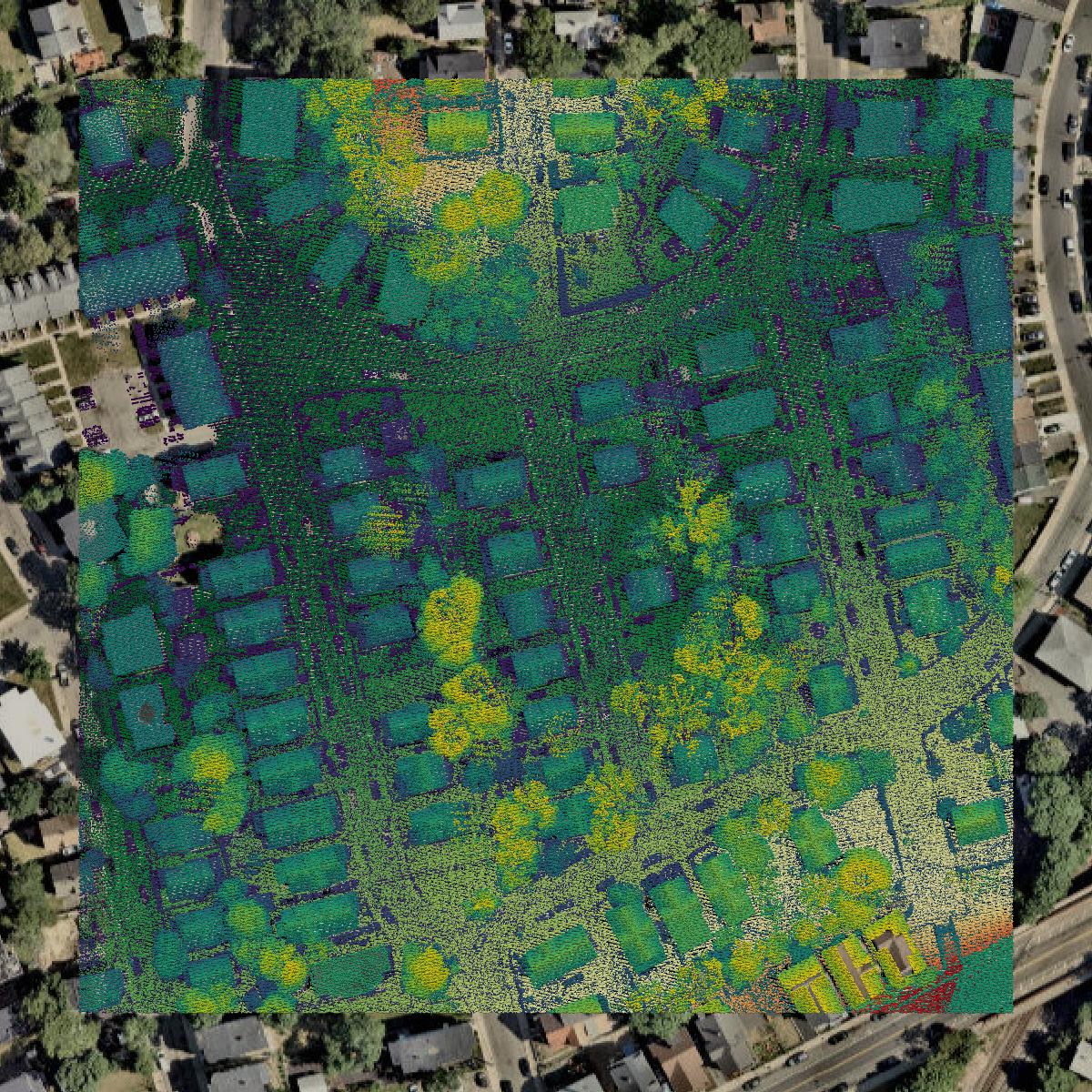 This image shows a LiDAR point cloud in Suffolk County created using GIS data in Equator.