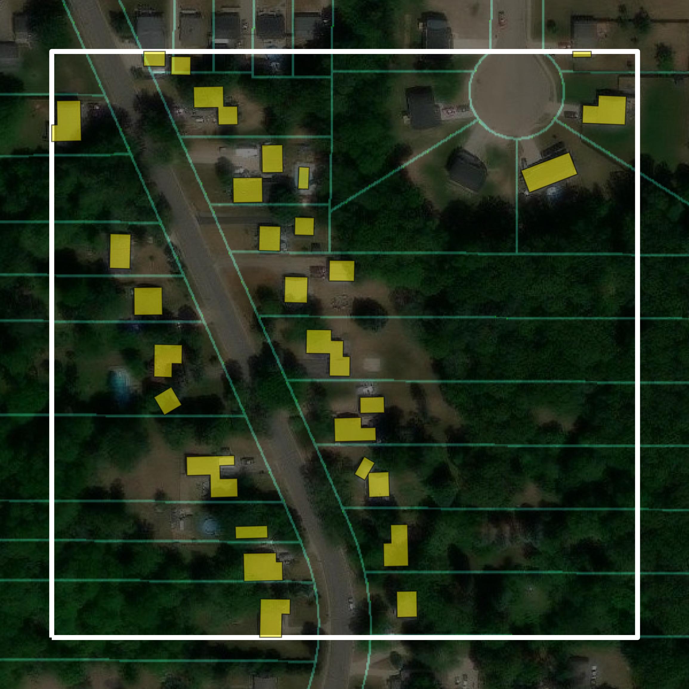 This image shows parcel and building data in Calhoun County created using GIS data in Equator.