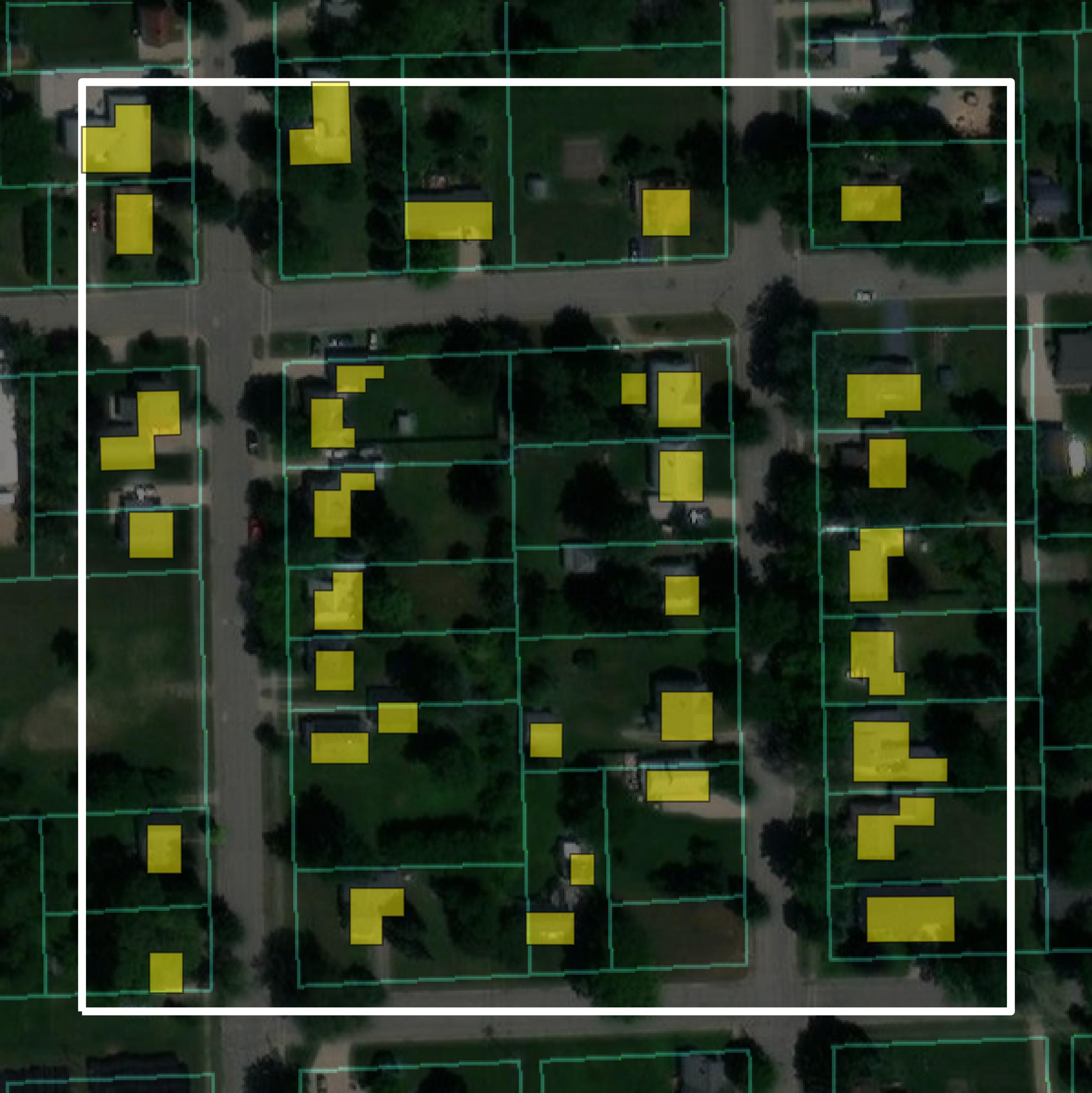 This image shows parcel and building data in Huron County created using GIS data in Equator.