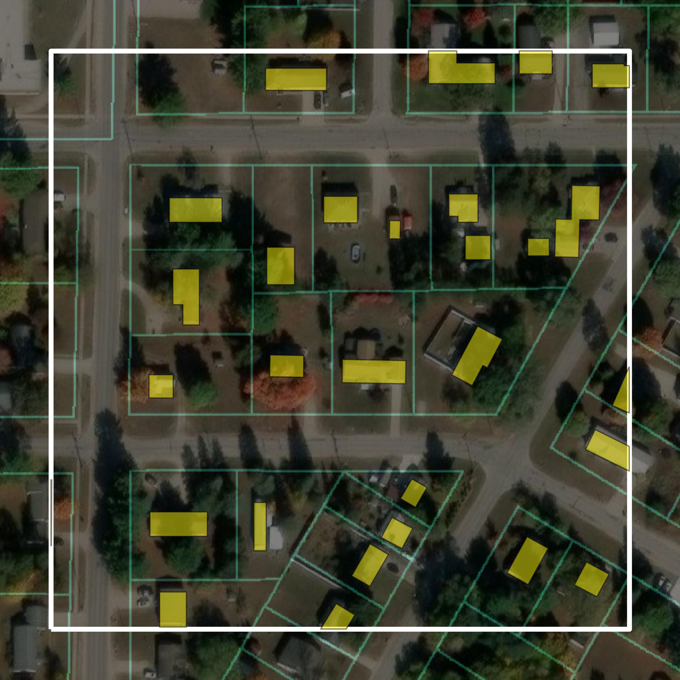 This image shows parcel and building data in Kalkaska County created using GIS data in Equator.