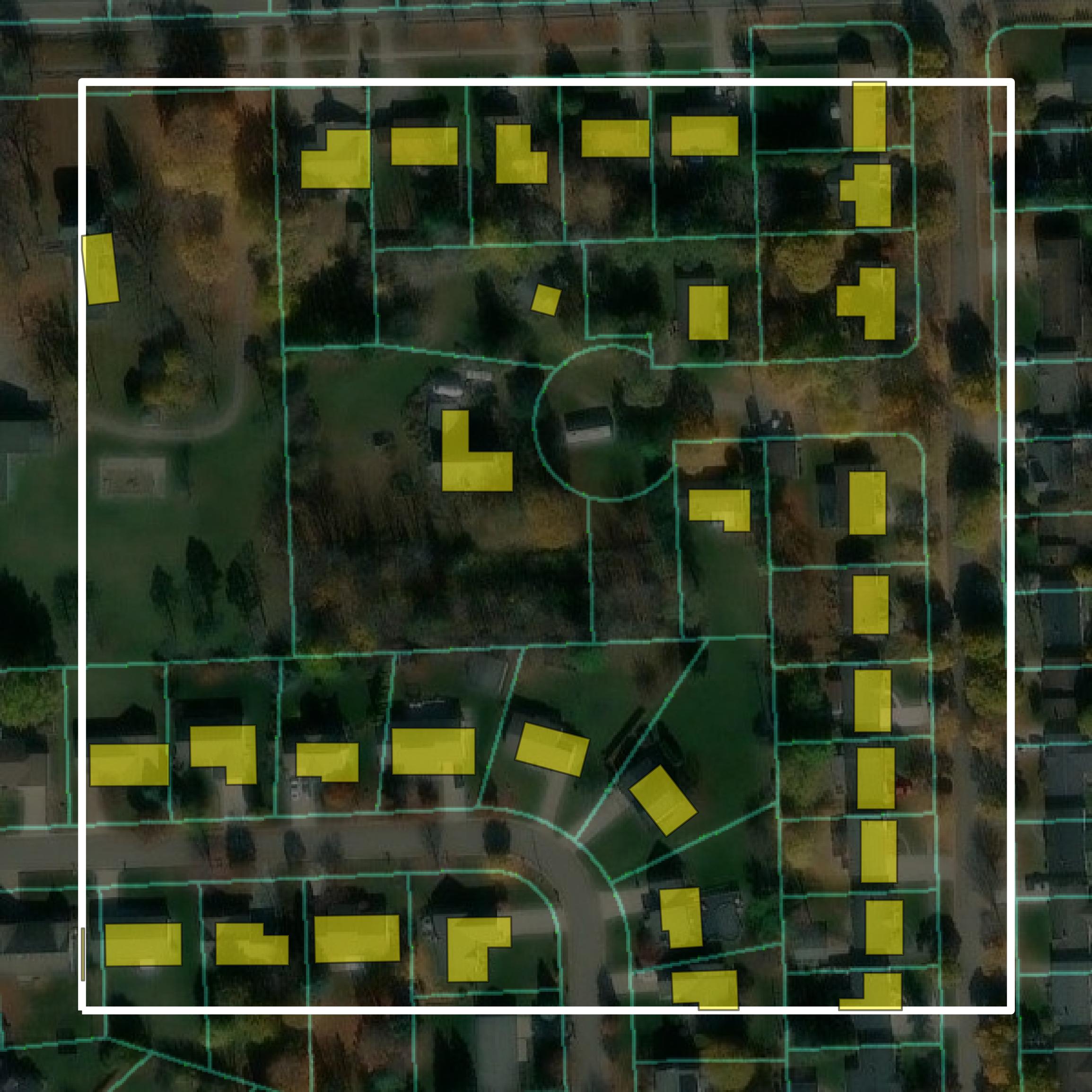 This image shows parcel and building data in Lapeer County created using GIS data in Equator.