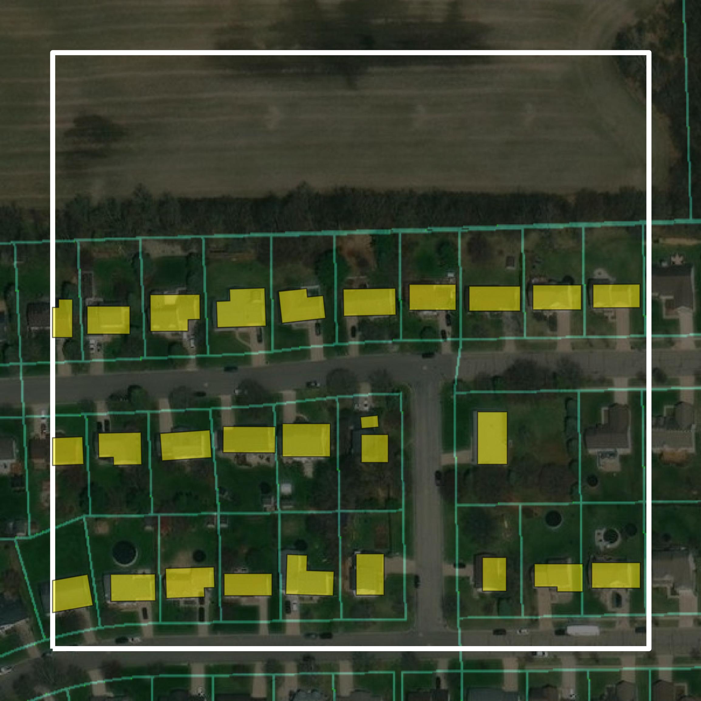 This image shows parcel and building data in Lenawee County created using GIS data in Equator.