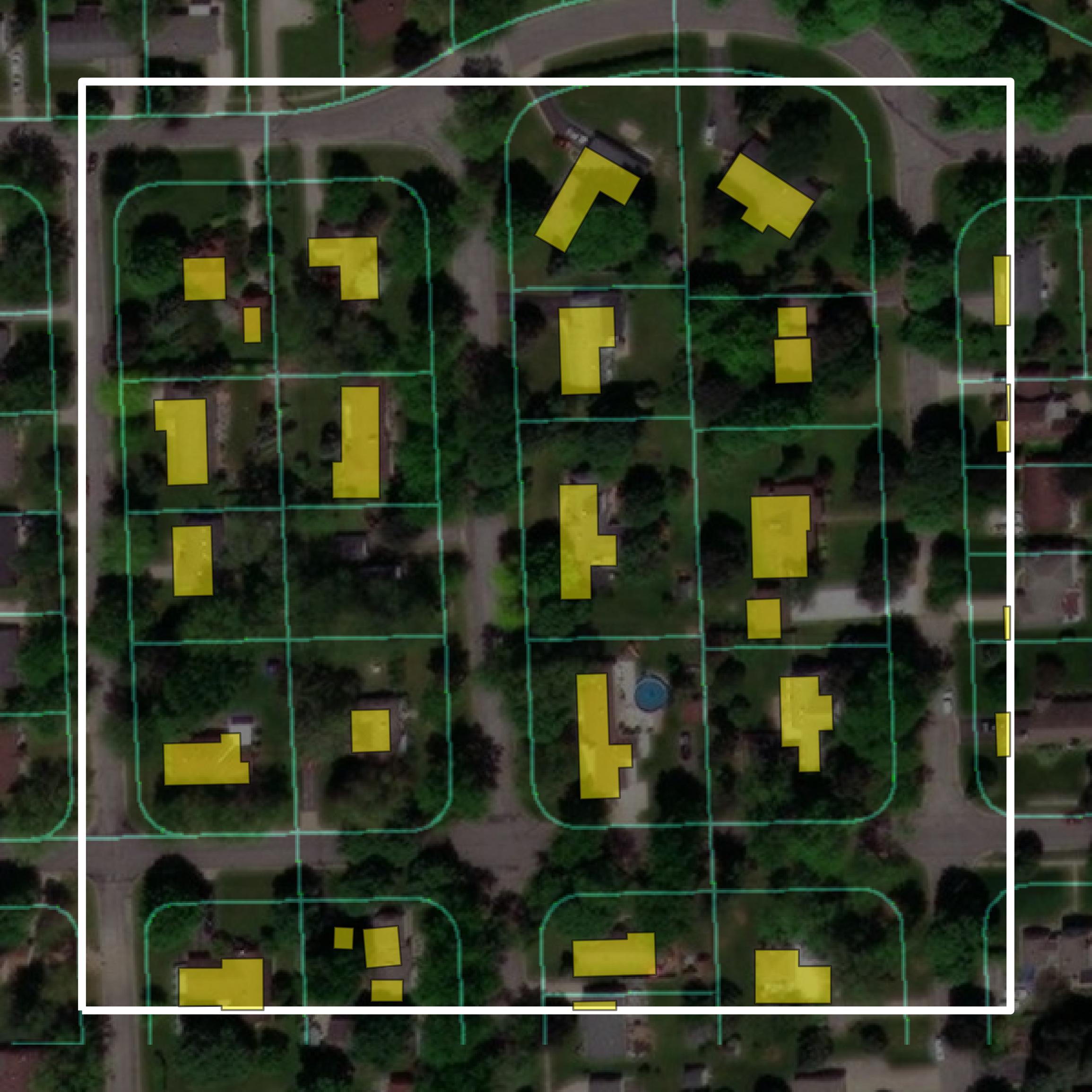 This image shows parcel and building data in Lenawee County created using GIS data in Equator.