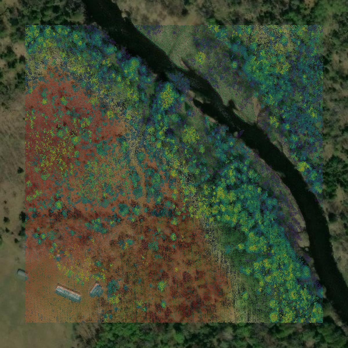 This image shows a LiDAR point cloud in Menominee County created using GIS data in Equator.