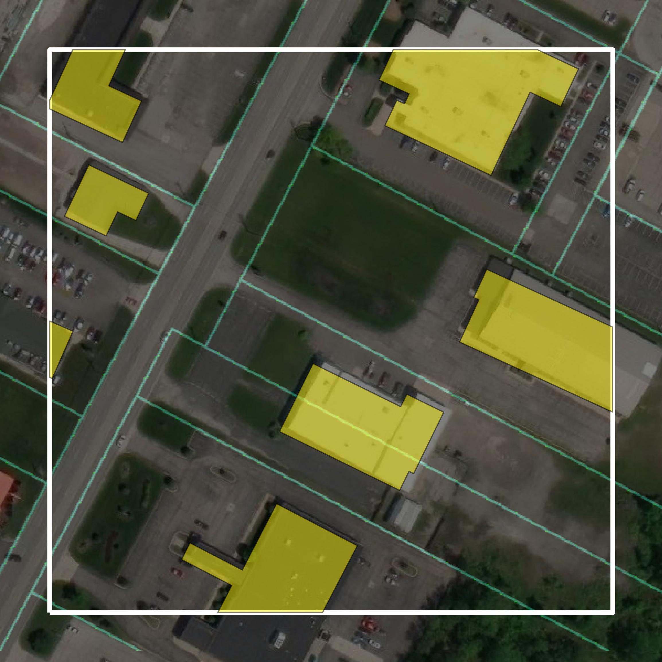 This image shows parcel and building data in Monroe County created using GIS data in Equator.